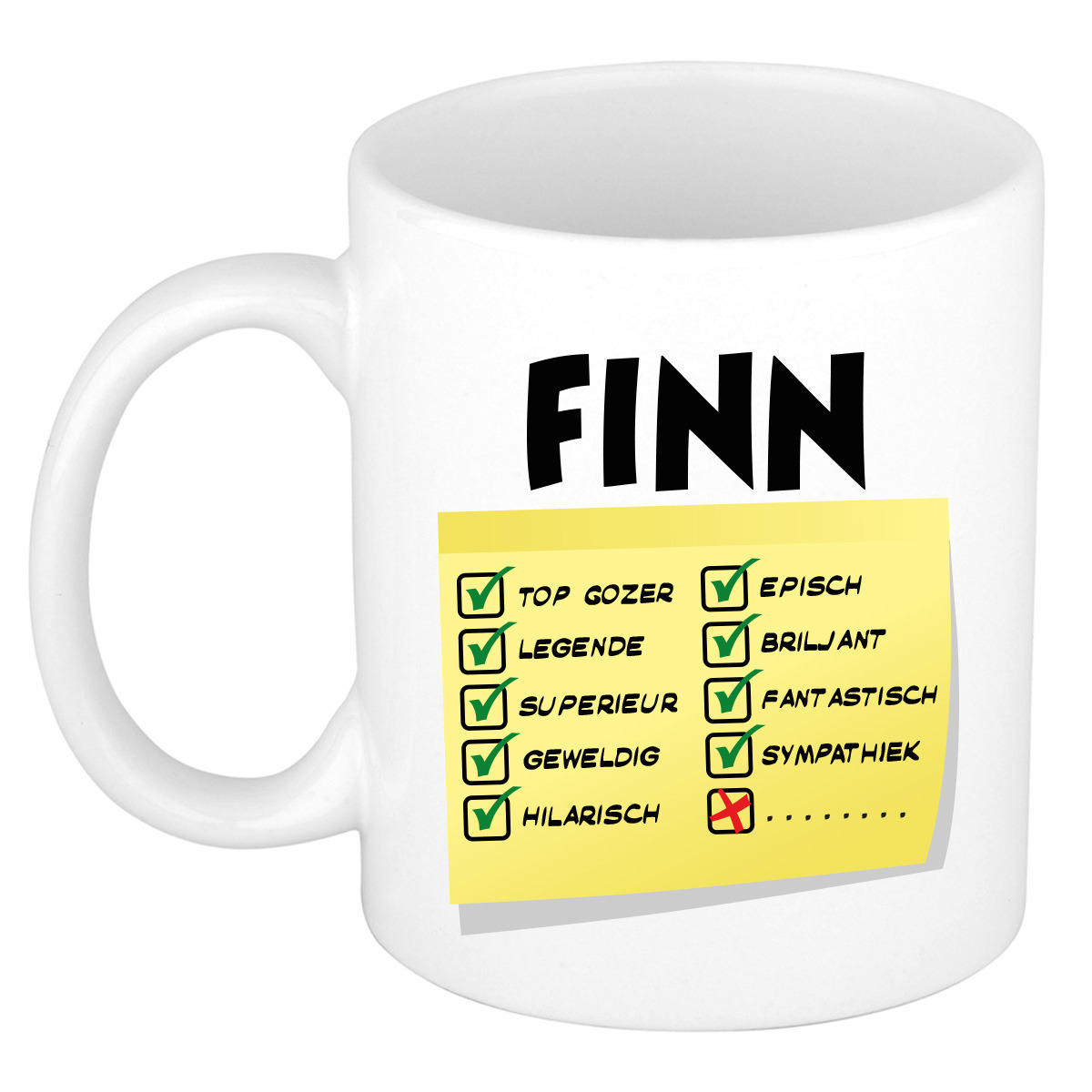 Naam mok Finn - wit - top gozer - keramiek - 300 ml - cadeau collega beker -