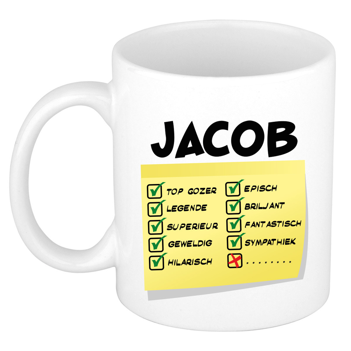 Naam mok Jacob - wit - top gozer - keramiek - 300 ml - cadeau collega beker -