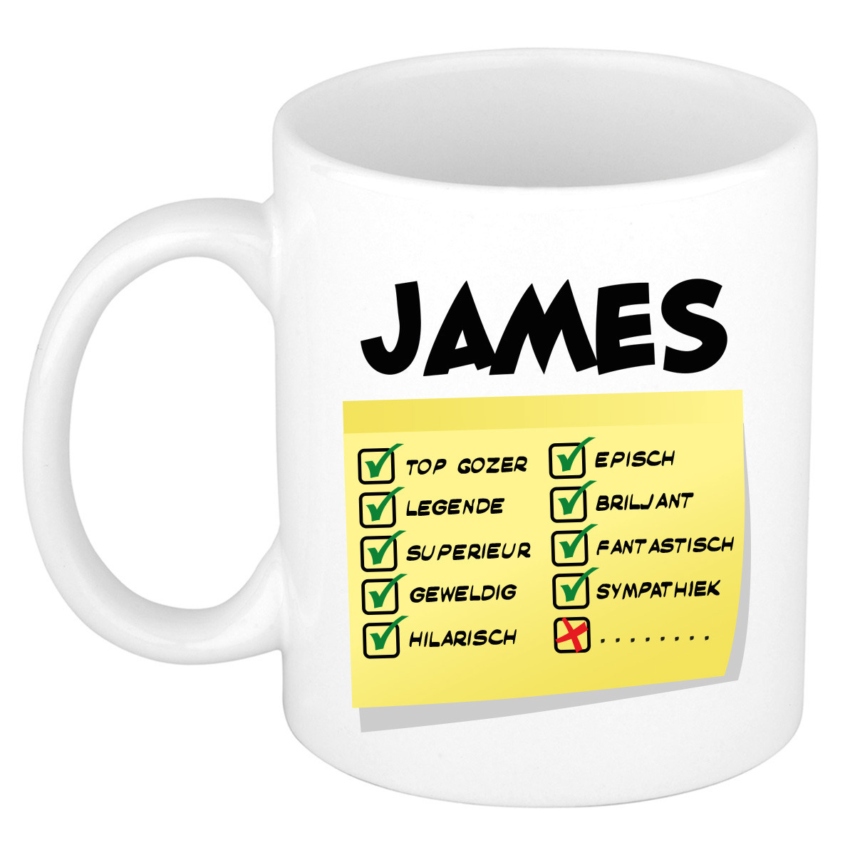 Naam mok James - wit - top gozer - keramiek - 300 ml - cadeau collega beker -