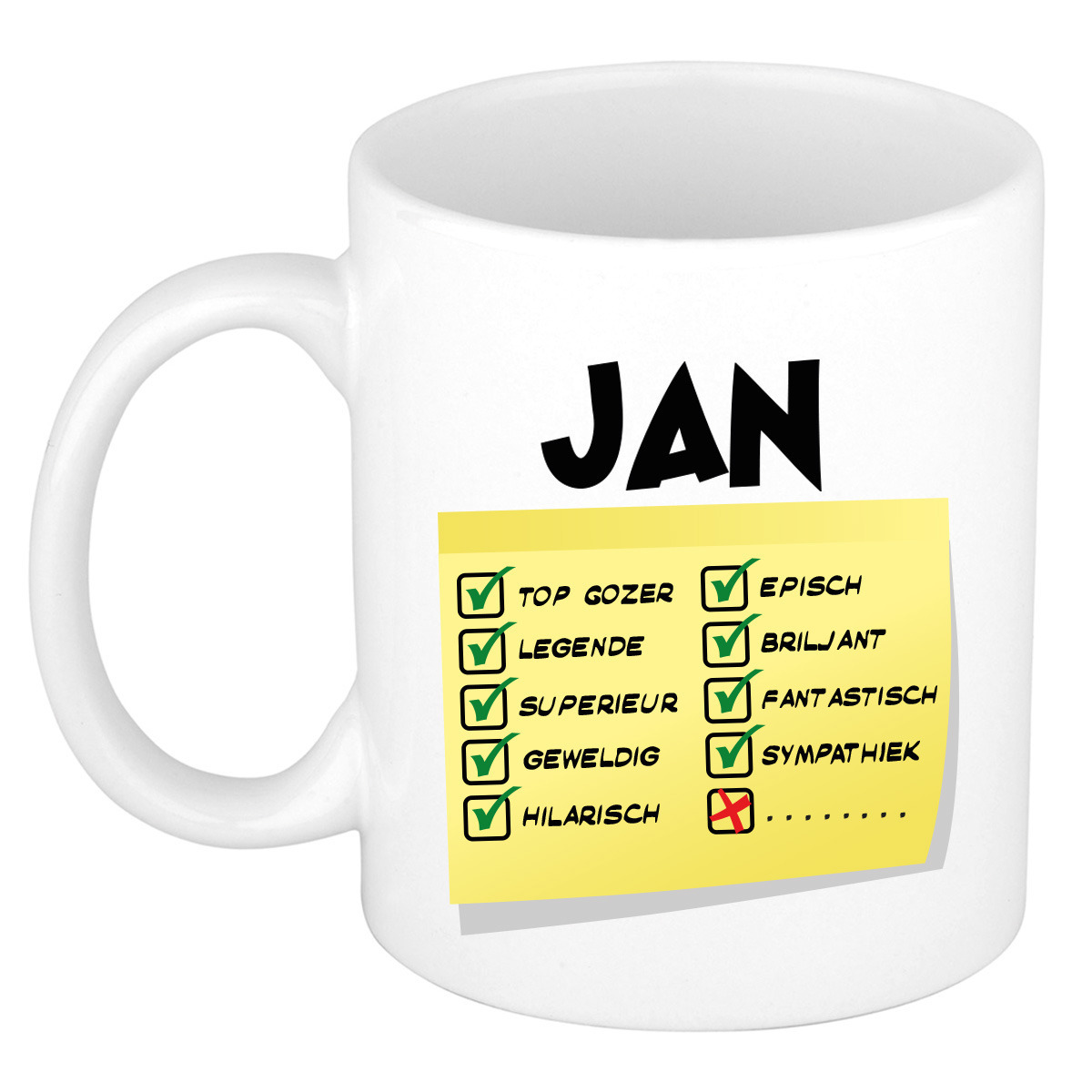 Naam mok Jan - wit - top gozer - keramiek - 300 ml - cadeau collega beker -