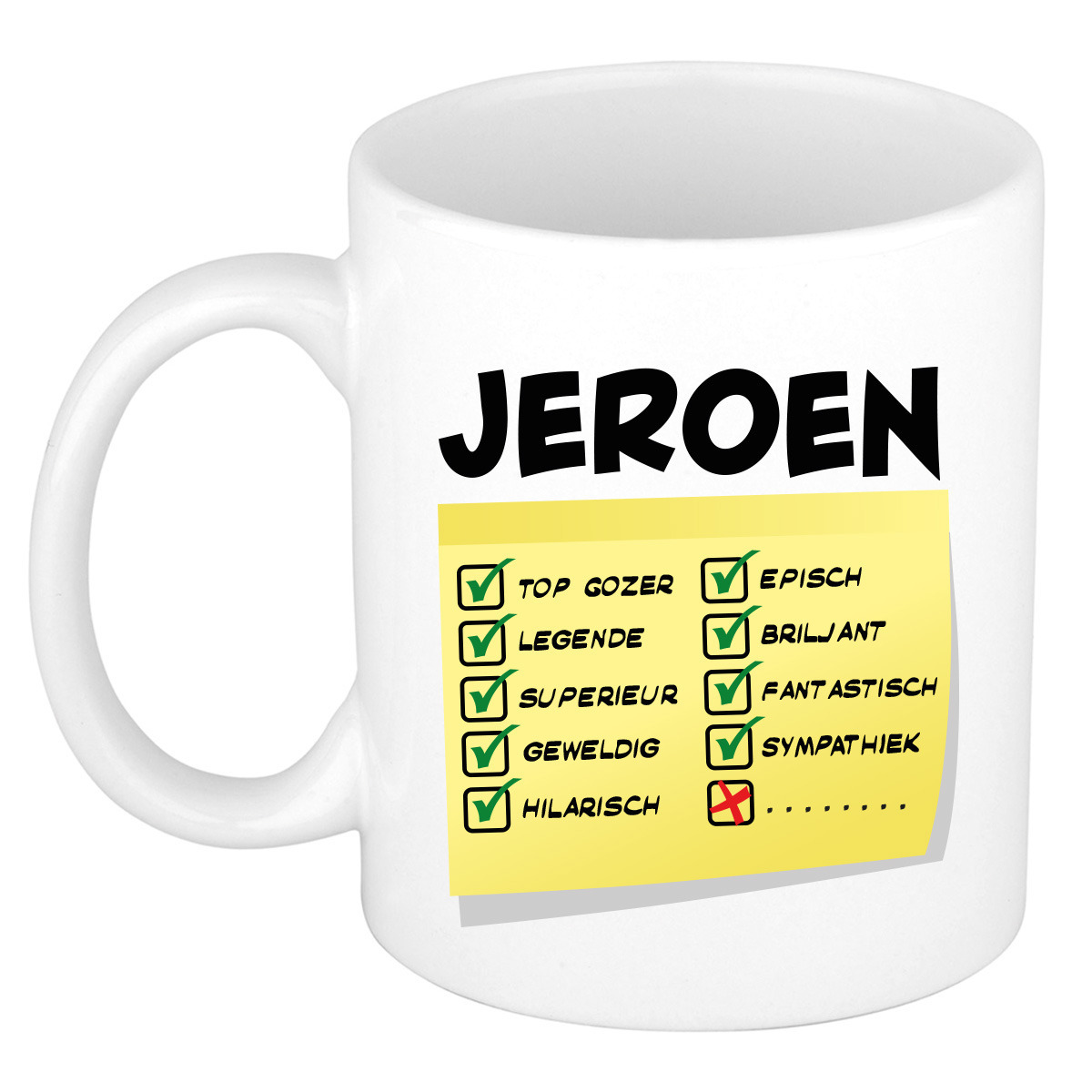 Naam mok Jeroen - wit - top gozer - keramiek - 300 ml - cadeau collega beker -