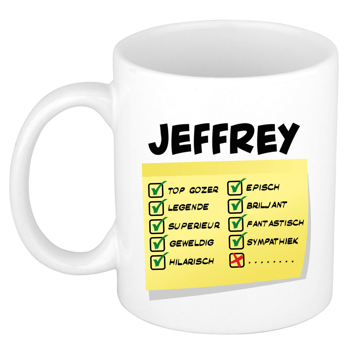 Naam mok Jeffrey - wit - top gozer - keramiek - 300 ml - cadeau collega beker -