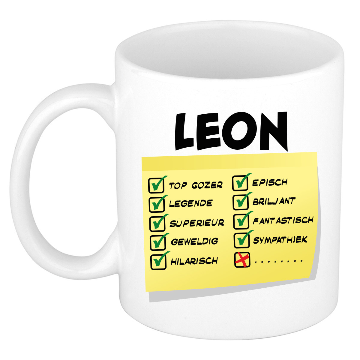 Naam mok Leon - wit - top gozer - keramiek - 300 ml - cadeau collega beker -