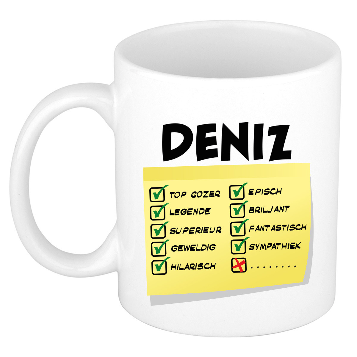 Naam mok Deniz - wit - top gozer - keramiek - 300 ml - cadeau collega beker -