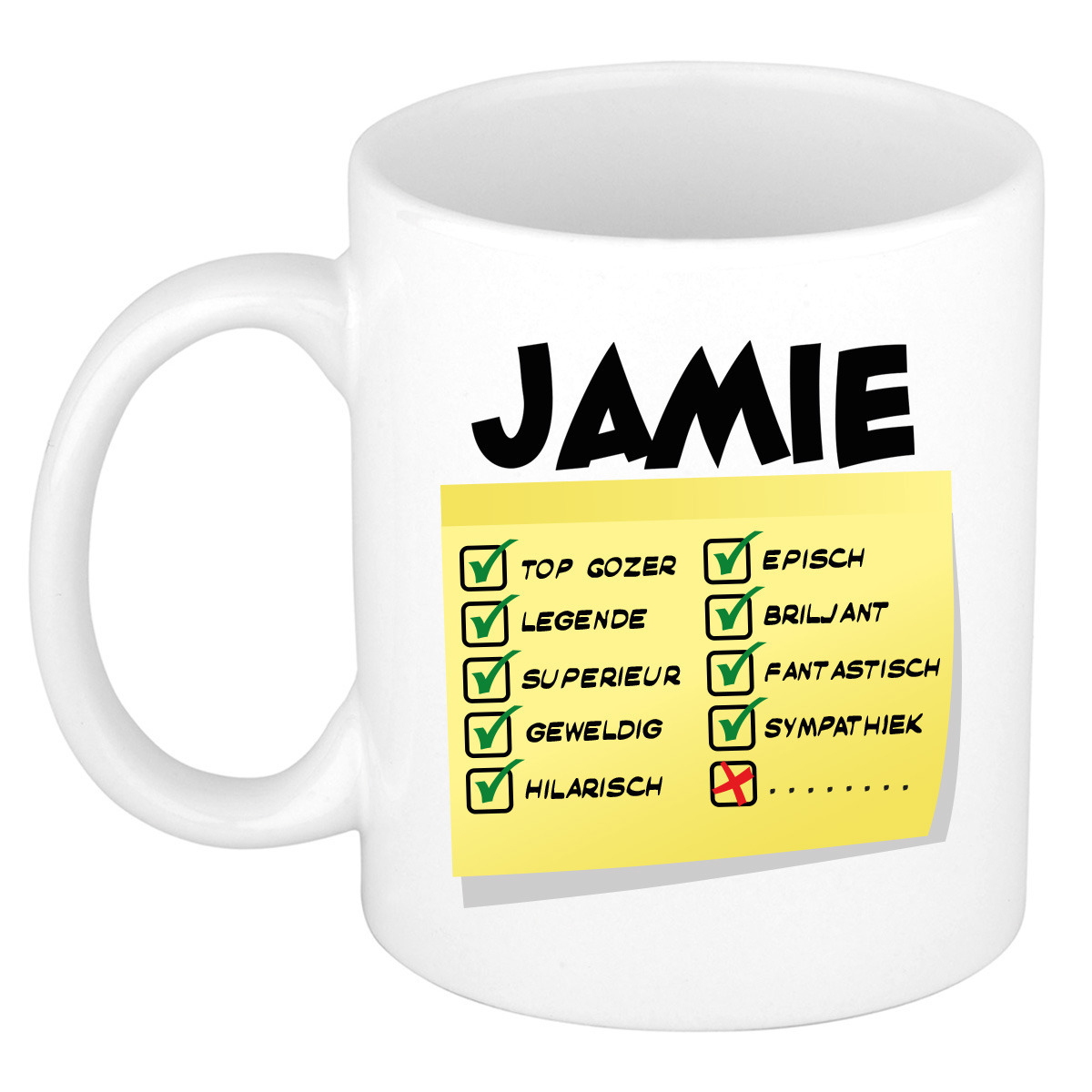 Naam mok Jamie - wit - top gozer - keramiek - 300 ml - cadeau collega beker -