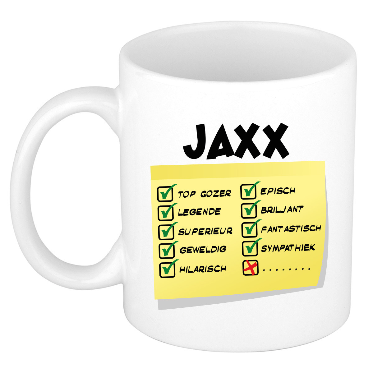 Naam mok Jaxx - wit - top gozer - keramiek - 300 ml - cadeau collega beker -