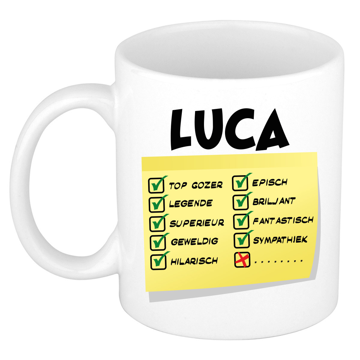 Naam mok Luca - wit - top gozer - keramiek - 300 ml - cadeau collega beker -