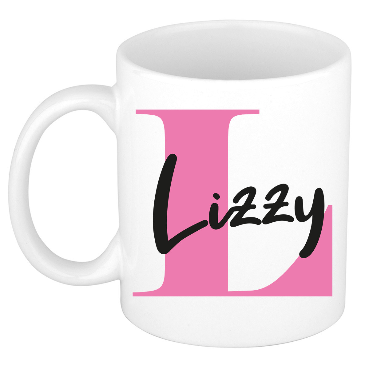 Naam mok Lizzy - roze - wit - keramiek - 300 ml - verjaardag/cadeau beker -