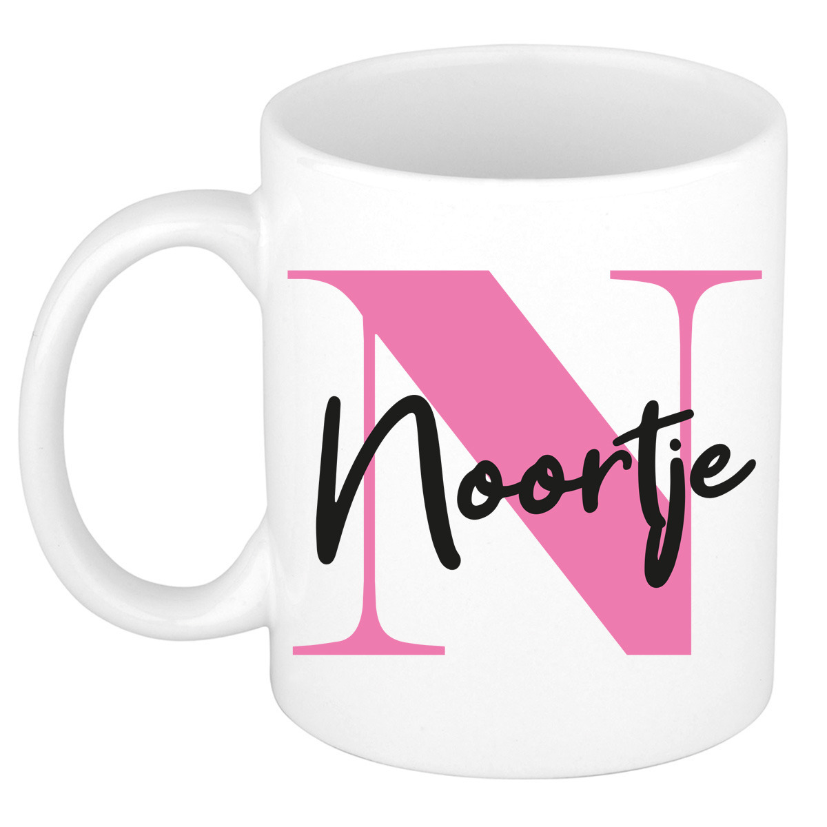 Naam mok Noortje - roze - wit - keramiek - 300 ml - verjaardag/cadeau beker -