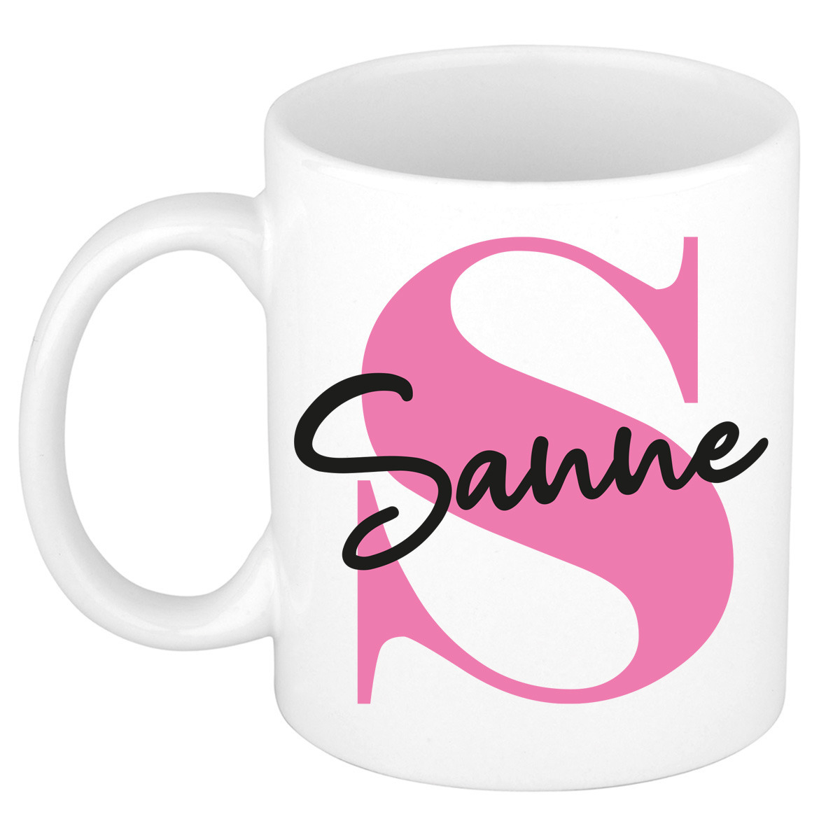 Naam mok Sanne - roze - wit - keramiek - 300 ml - verjaardag/cadeau beker -