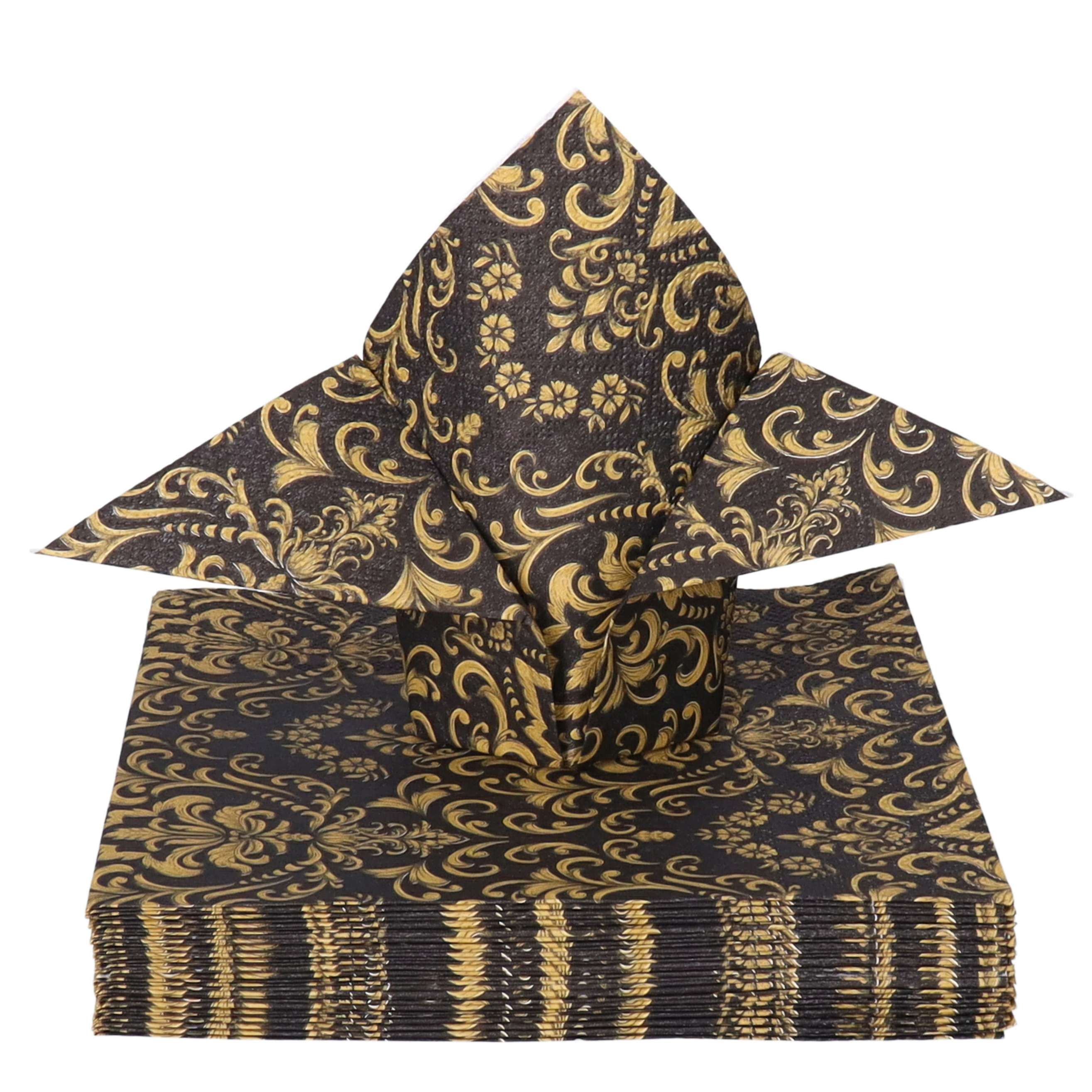 Tafel diner servetten - Zwart/goud Barok patroon thema - 20x stuks - 33 x 33 cm -