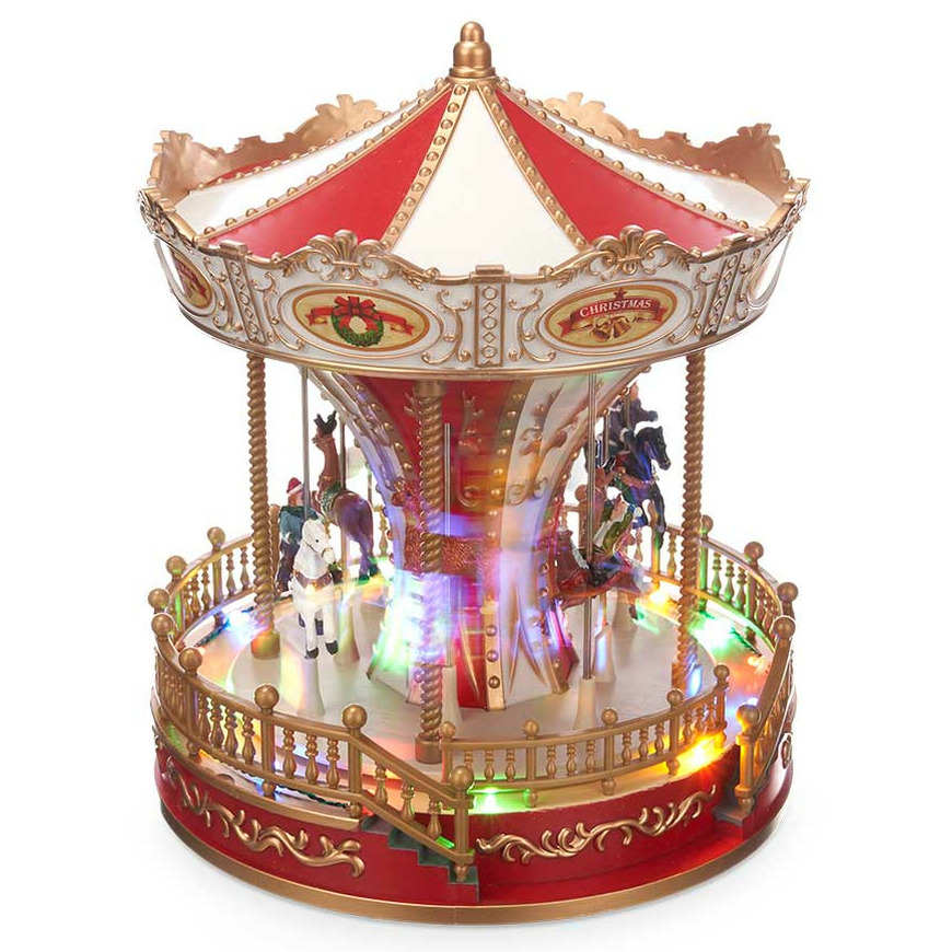 Kerstdorp draaimolen/carrousel - draaiend - met led verlichting en muziek - 28 cm -