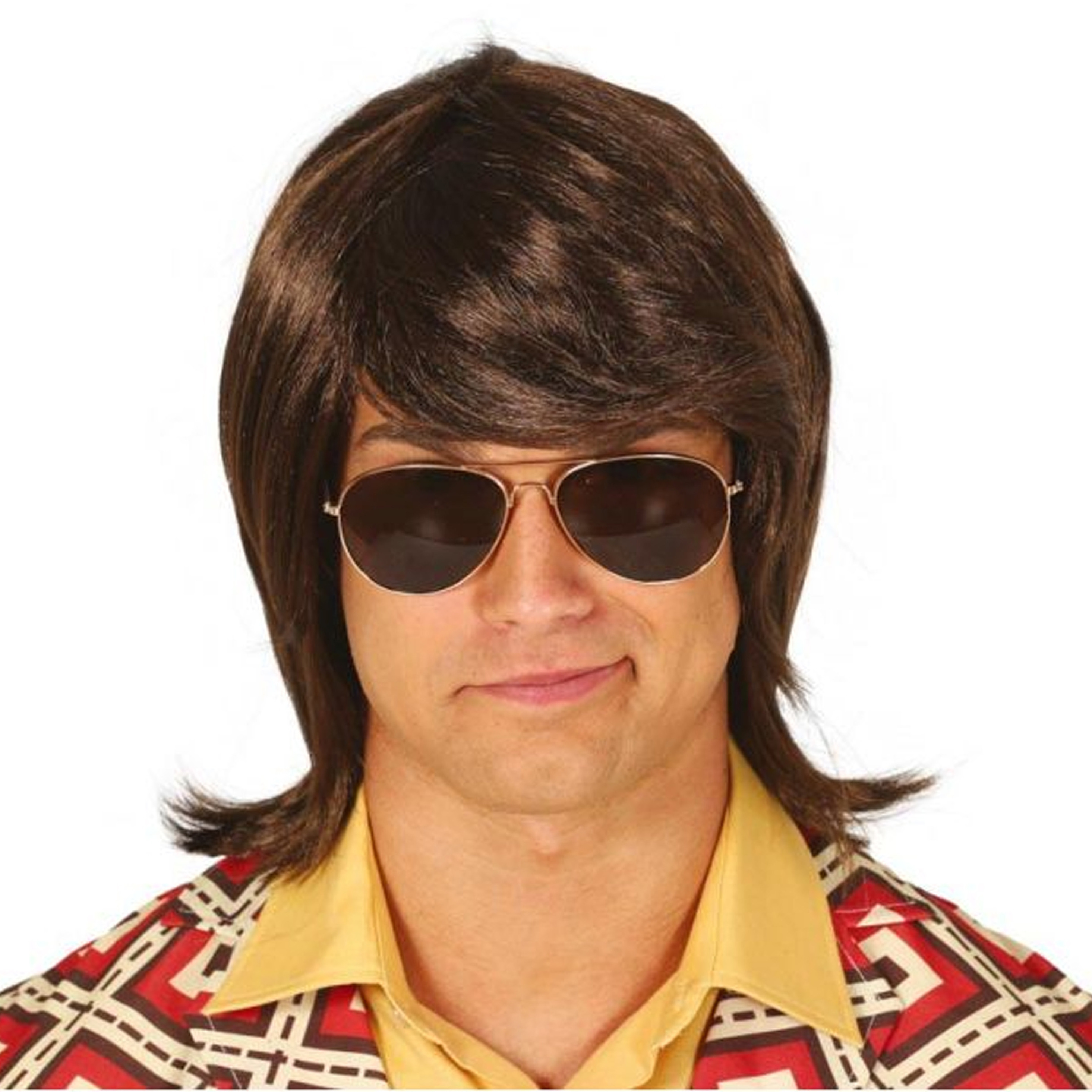 Verkleedpruik voor heren met stijl half lang haar - bruin - jaren 70 - Carnaval/Seventies/Disco -