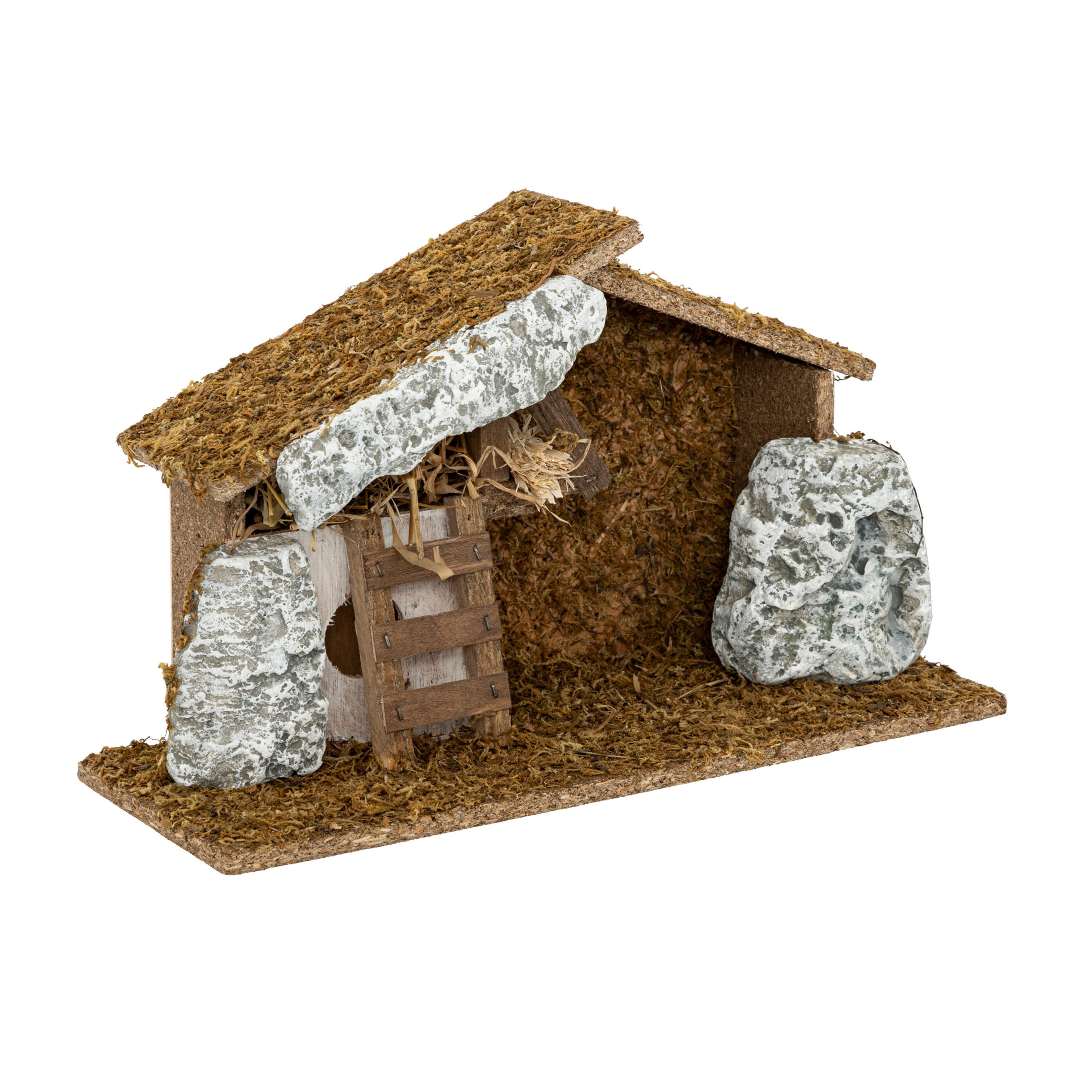 Lege kerststal - zonder figuren - L30,5 x B11,5 x H19 cm - hout/mos -