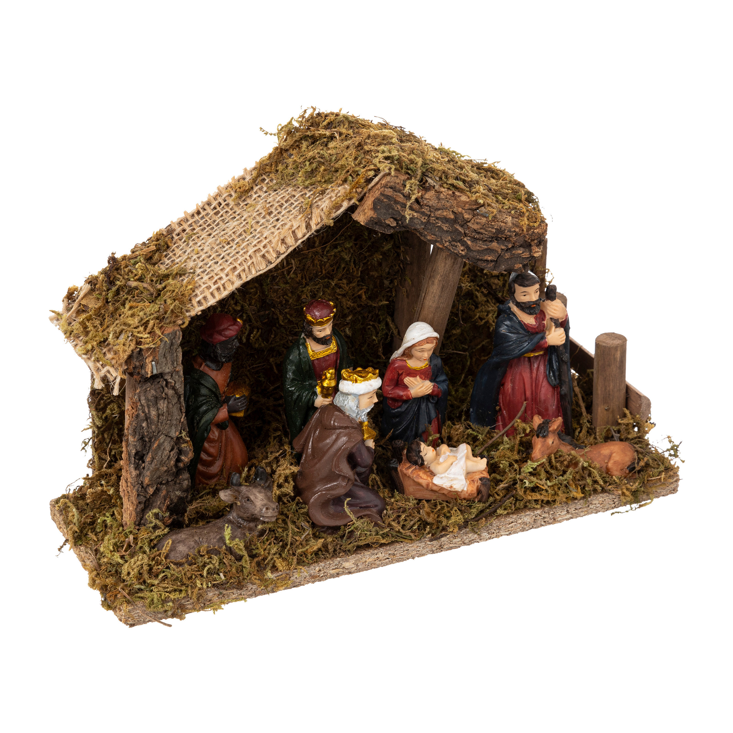 Complete kerststal - met 7 beelden - LED verlichting - 13 x 7,5 x 20 cm - hout/polyresin -