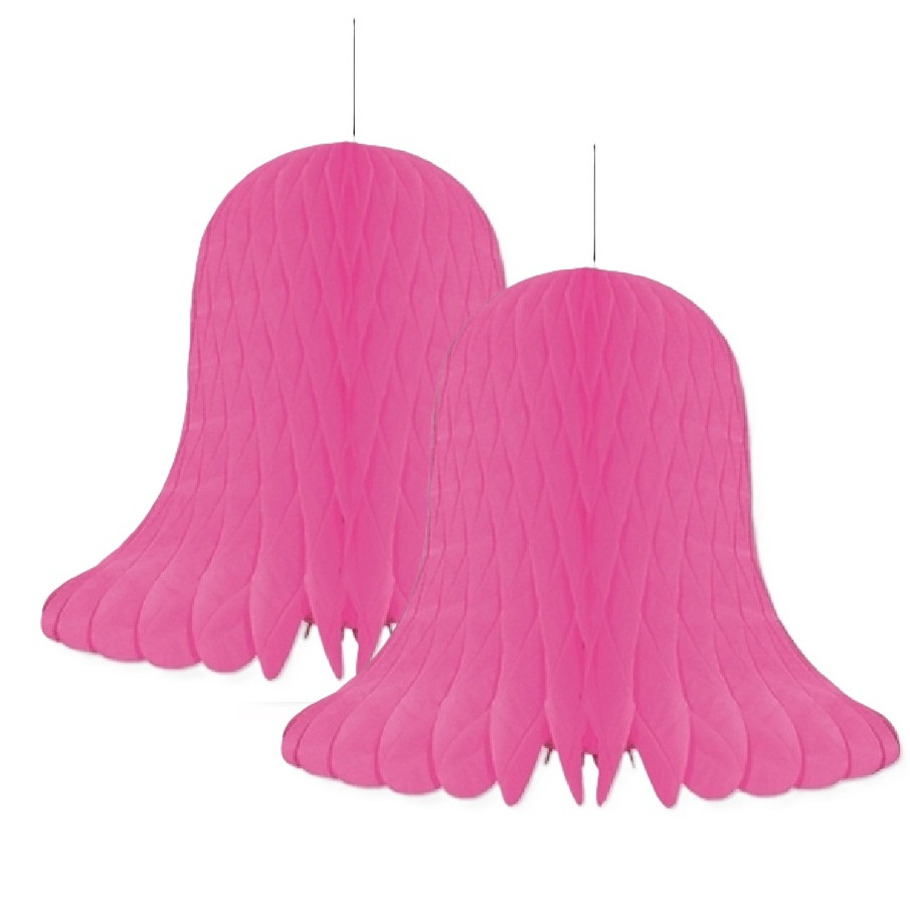 Kerstklok lampion - 2x - roze - 20 cm - papier - kerstversiering - kerstbel decoratie -