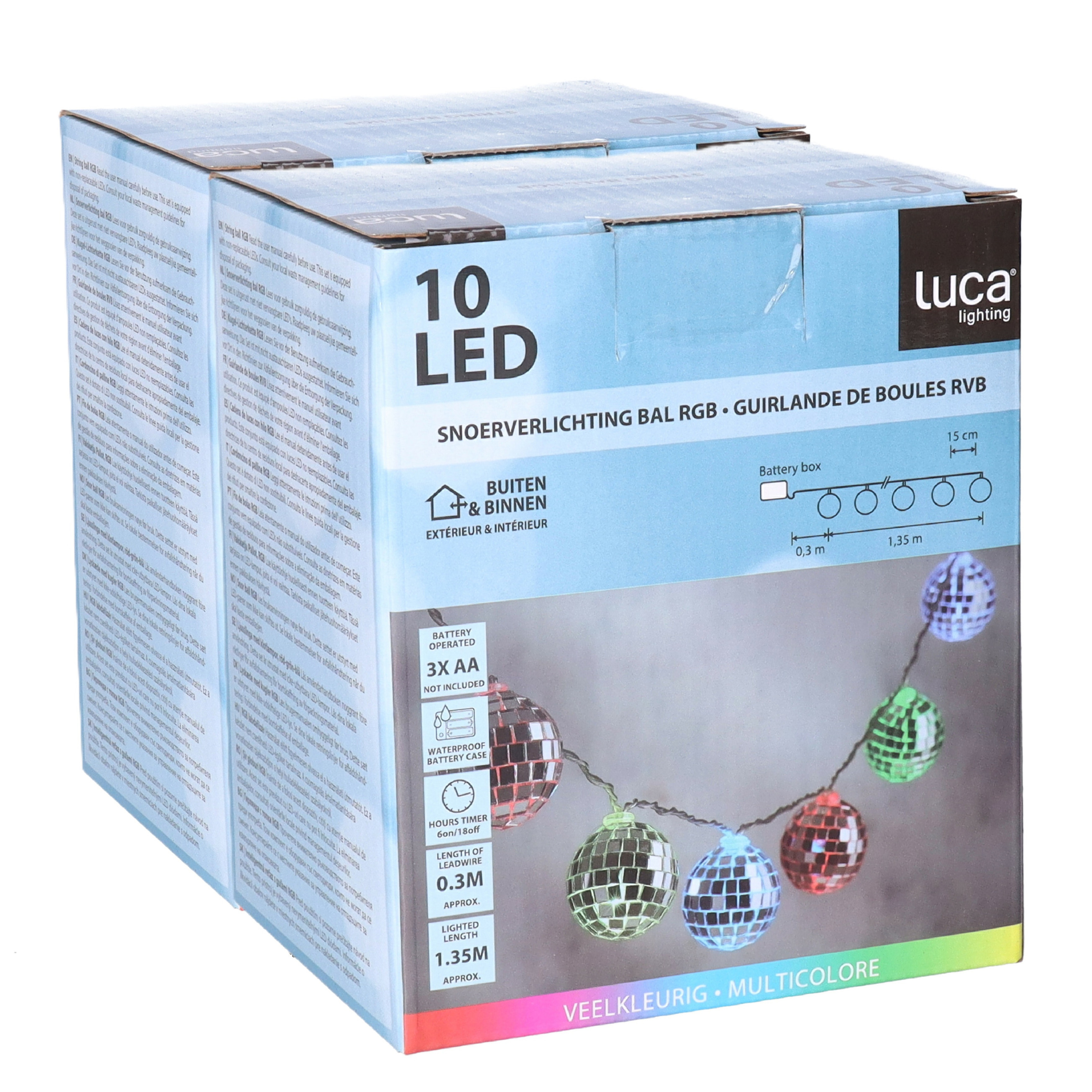 LED discobollen lichtsnoer - 2x - 10 led bolletjes -gekleurd - 150 cm - disco - spiegelbollen -