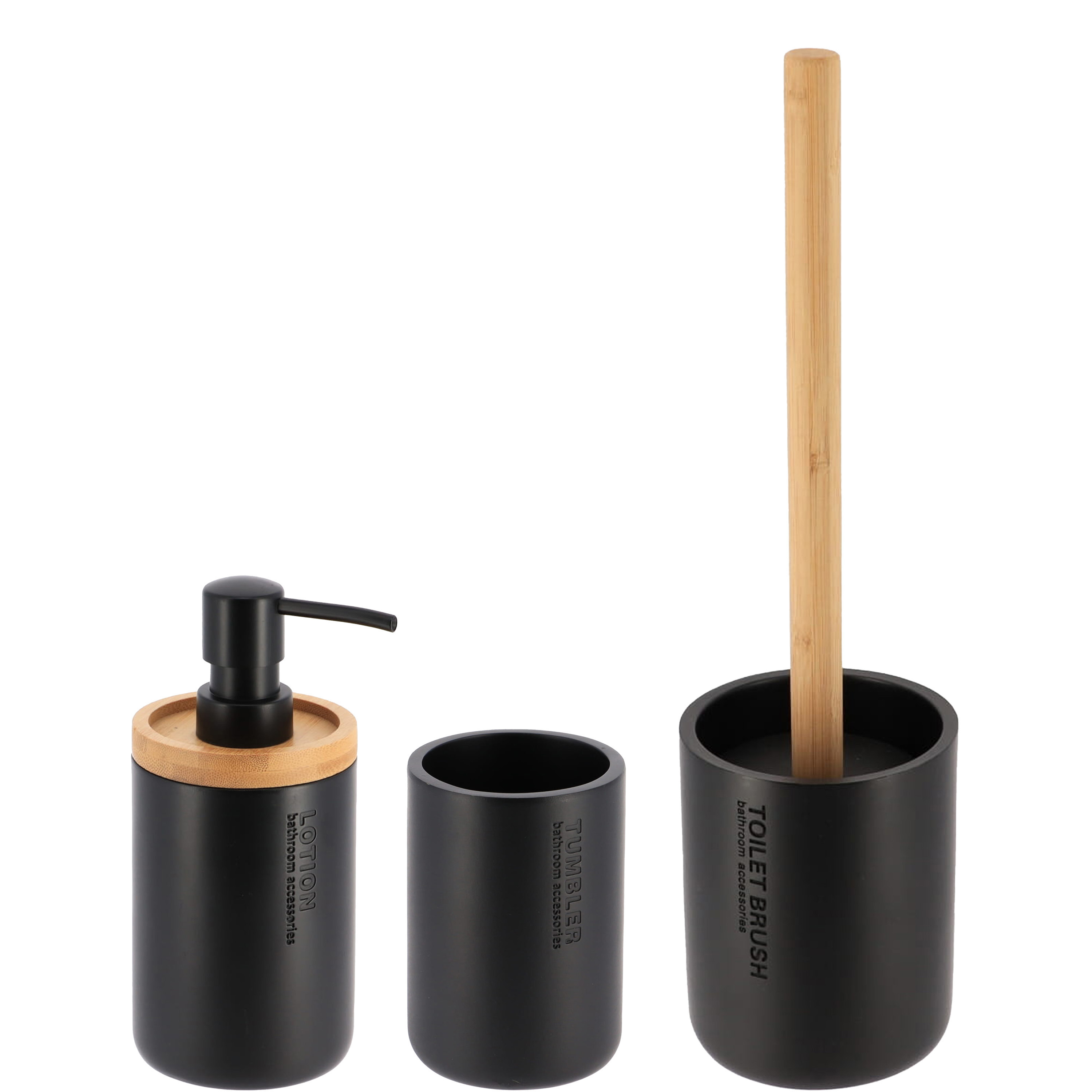 Tendance Badkamer accessoires set 3-delig - Polyresin/bamboe - zwart - robuust - matte coating -