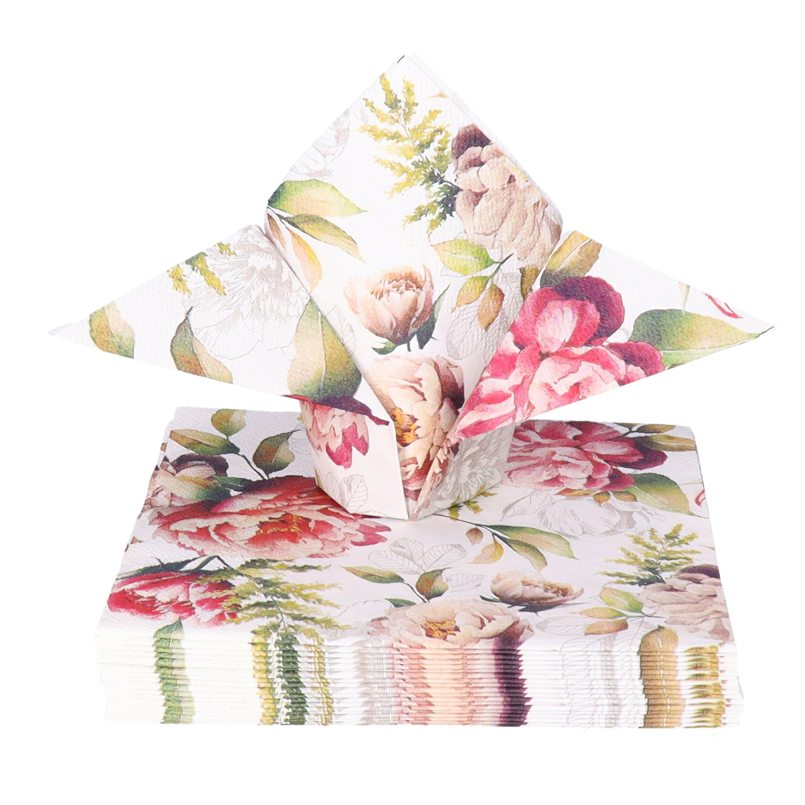 Tafel diner servetten - Pioenrozen thema - 40x stuks - 33 x 33 cm -