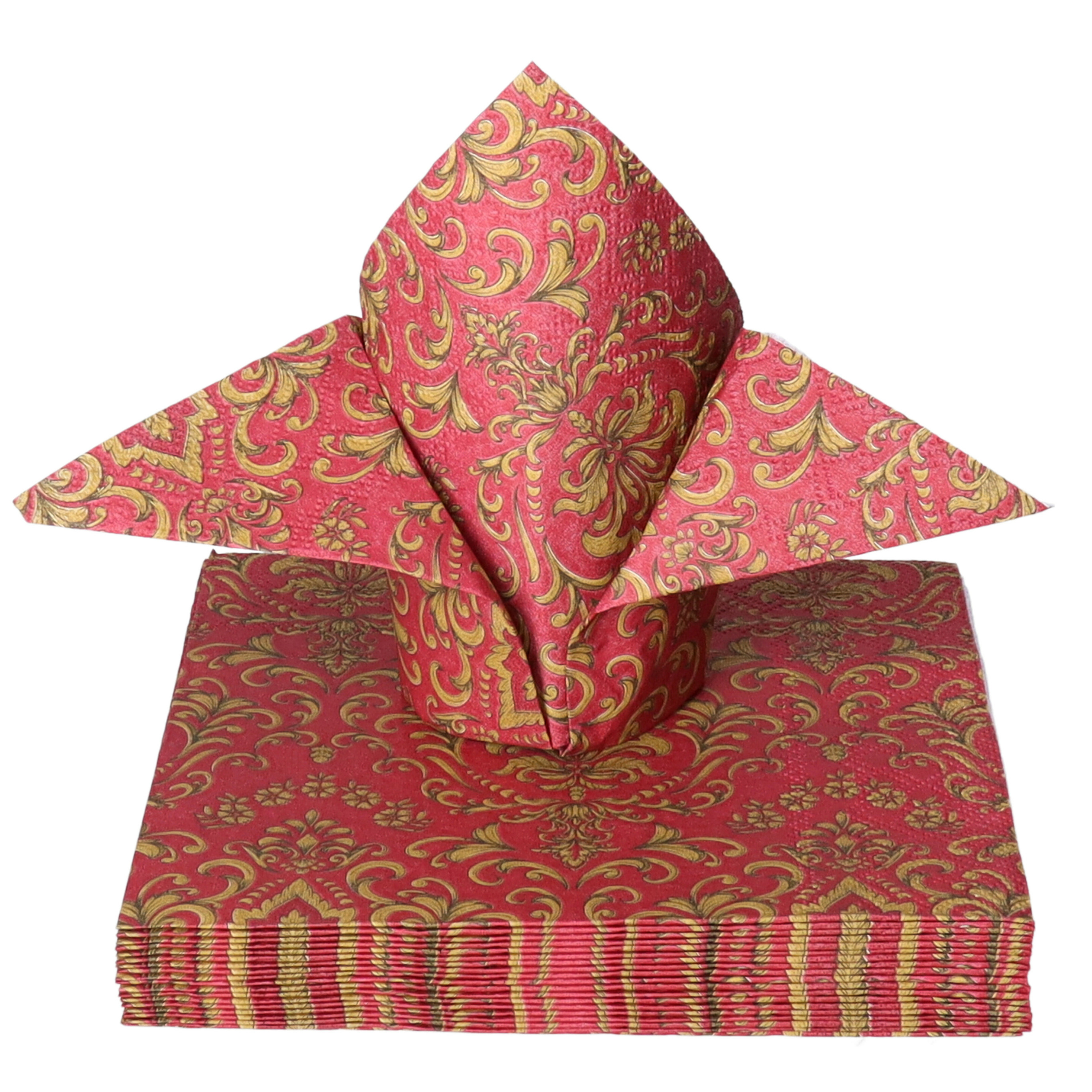 Tafel diner servetten - Donkerrood/goud Barok patroon thema - 40x stuks - 33 x 33 cm -