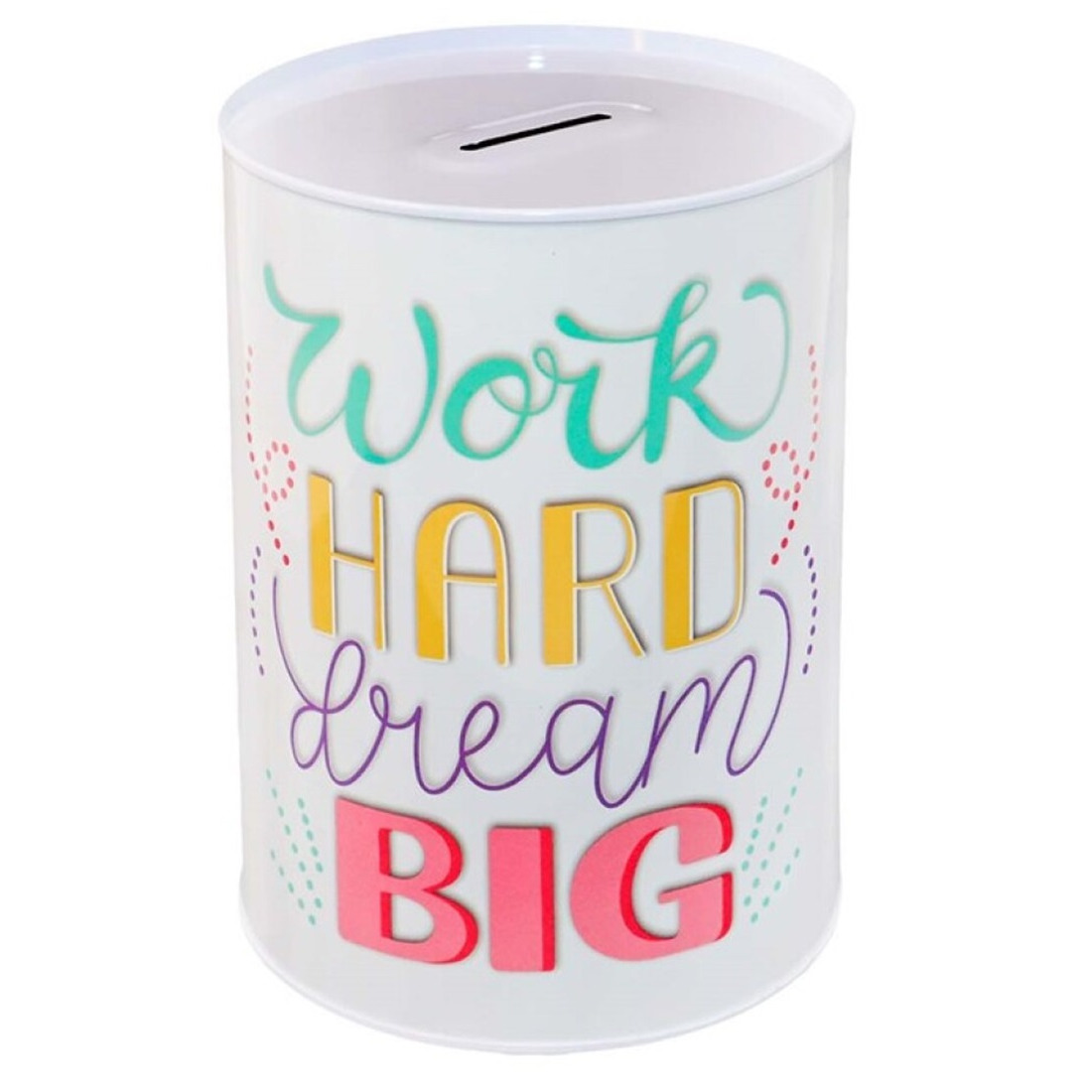 Spaarpot blik Tekst Work Hard Dream Big - gekleurd - 10 x 15 cm - Kinderen/volwassenen -