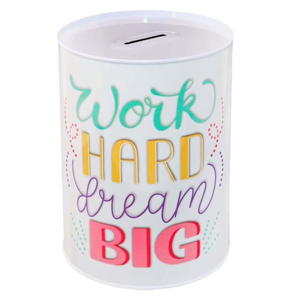 Spaarpot blik Tekst Work Hard Dream Big - gekleurd - 8 x 12 cm - Kinderen/volwassenen -