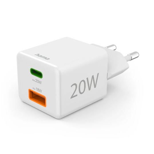 Hama Fast Charger 1x USB-C PD 1x USB-A QC Mini-Charger 20 W Oplader Wit