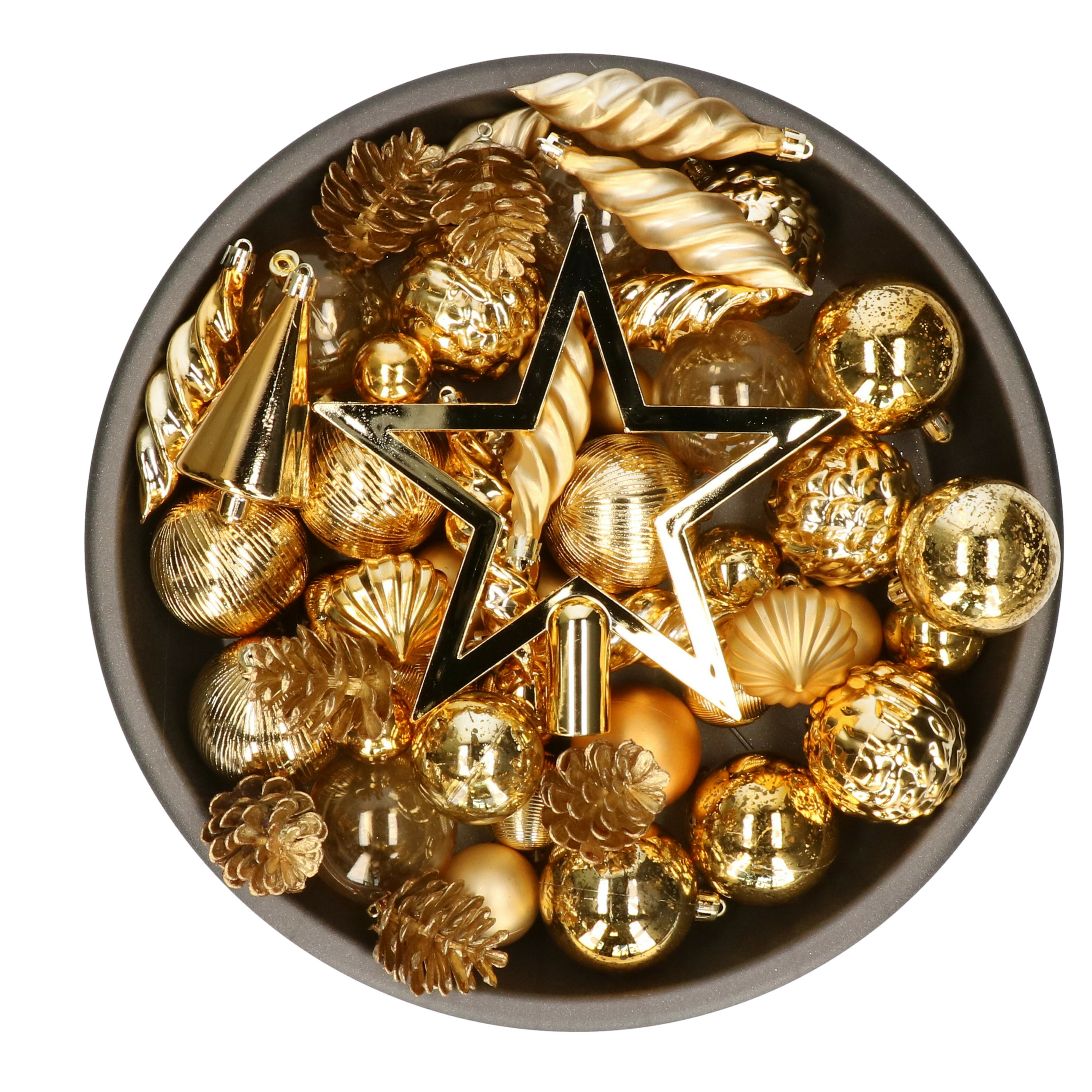 Decoris kerstballen, ornamenten en piek set - 60-delig - goud - kunststof -