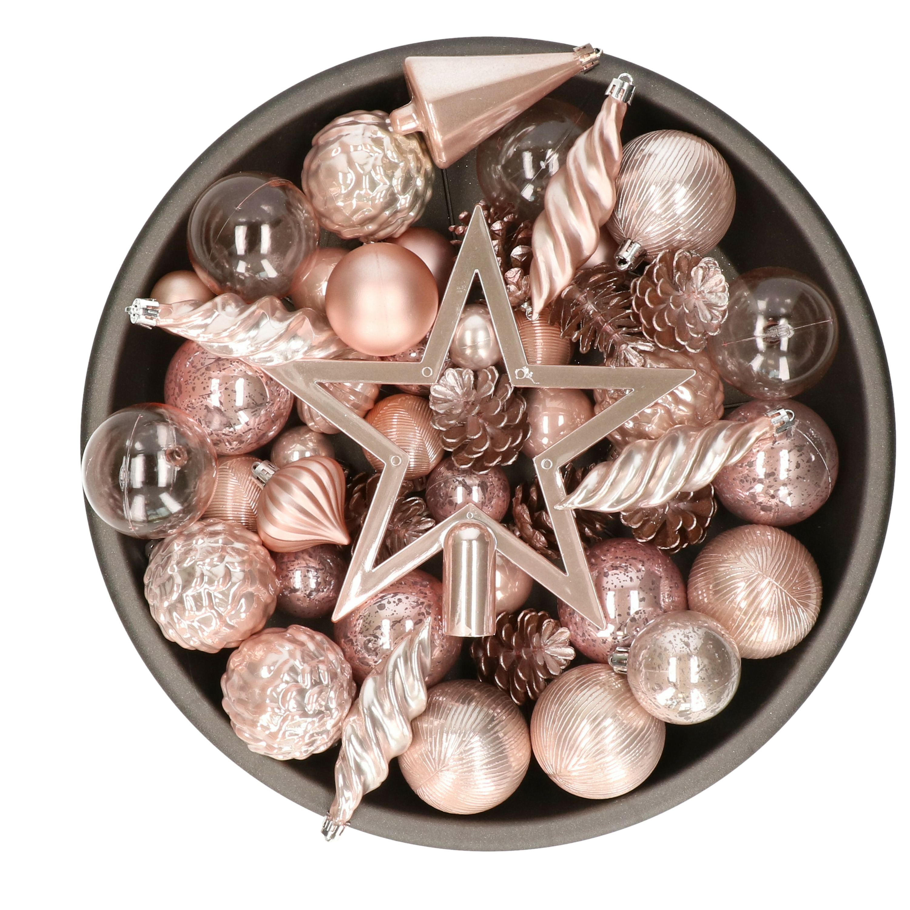 Decoris kerstballen, ornamenten en piek set - 60-delig - lichtroze - kunststof -