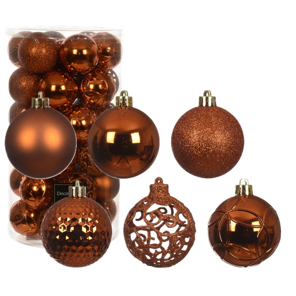Decoris kerstballen - 37x stuks - 6 cm - koper/cognac bruin - kunststof -