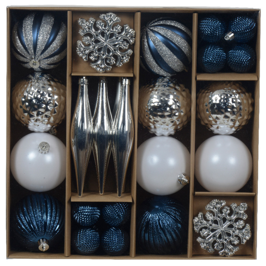 Kerstballen en ornamenten set - 46-delig - blauw/wit/zilver - kunststof - kerstversiering -