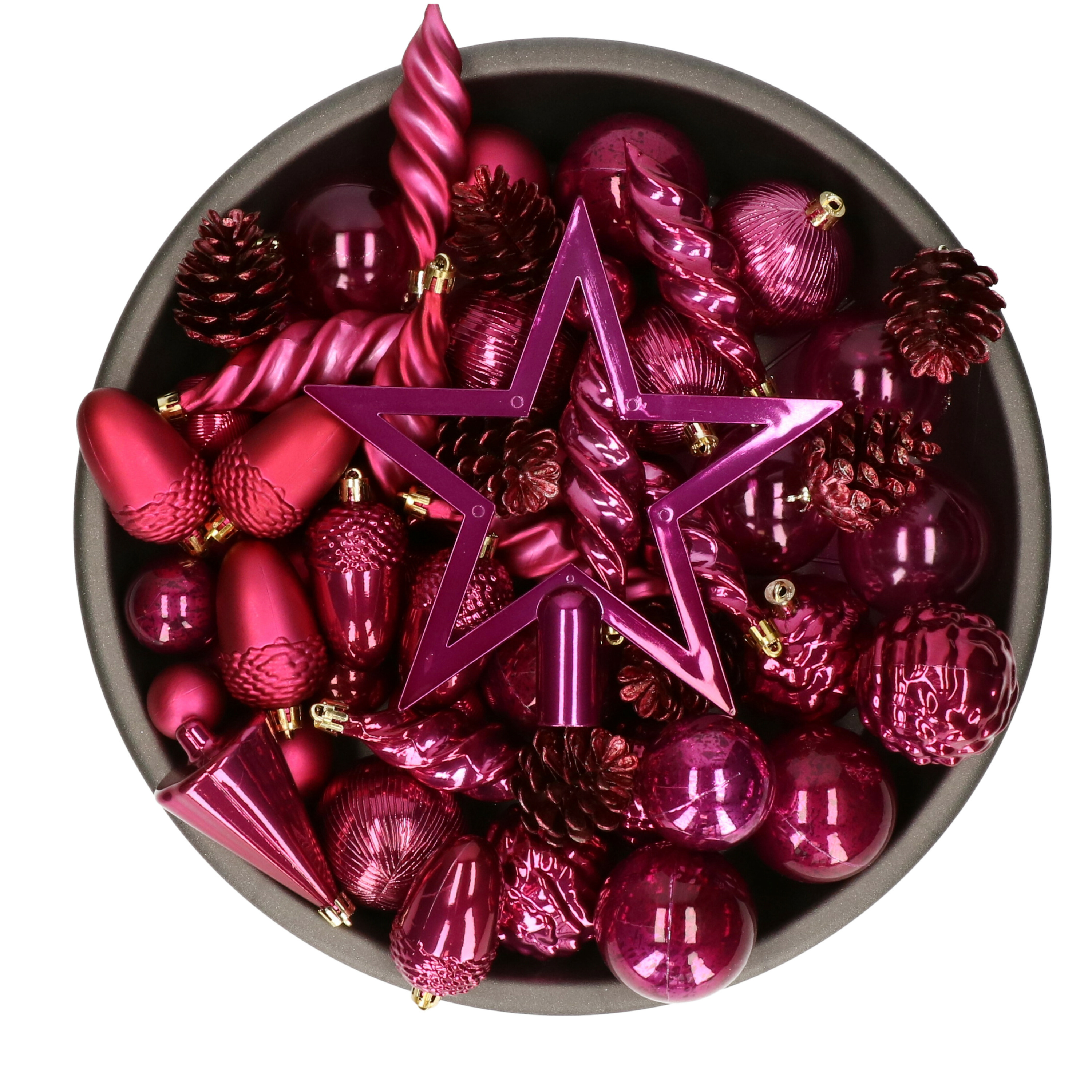 Decoris kerstballen, ornamenten en piek set - 60-delig - donkerroze - kunststof -
