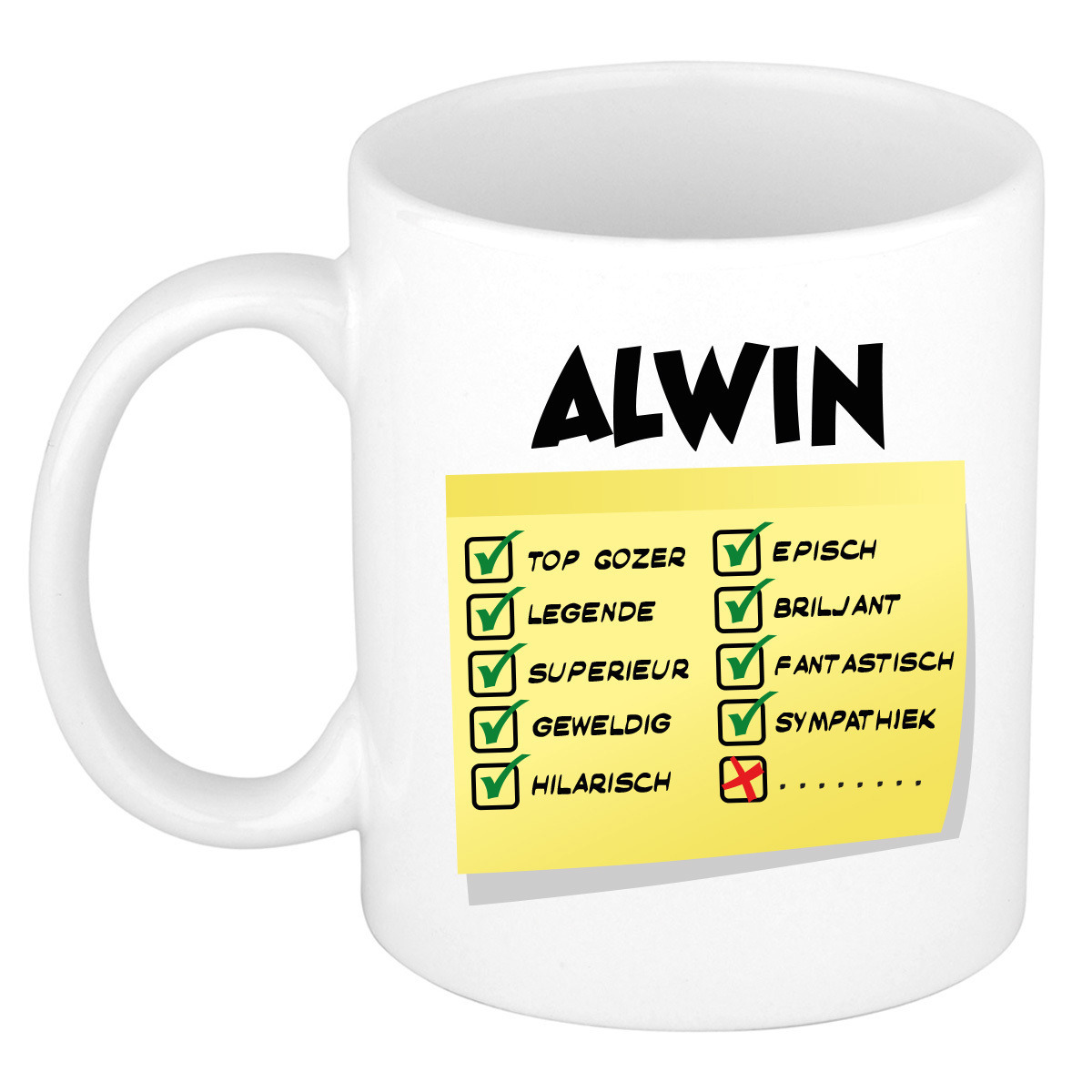 Naam mok Alwin - wit - top gozer - keramiek - 300 ml - cadeau collega beker -