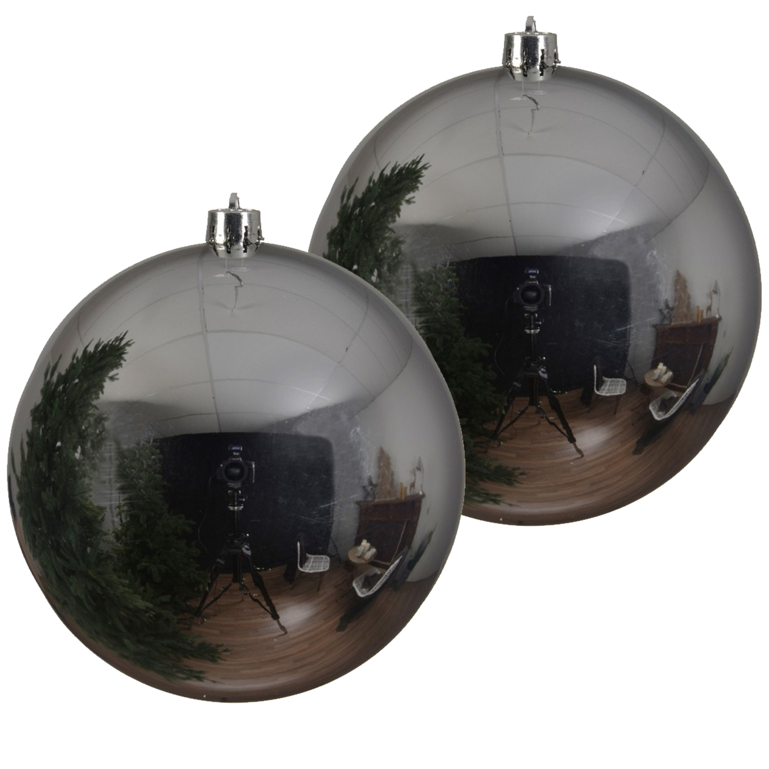Decoris Kerstbal - 2x - zilver - groot - 20 cm - kunststof - glans -