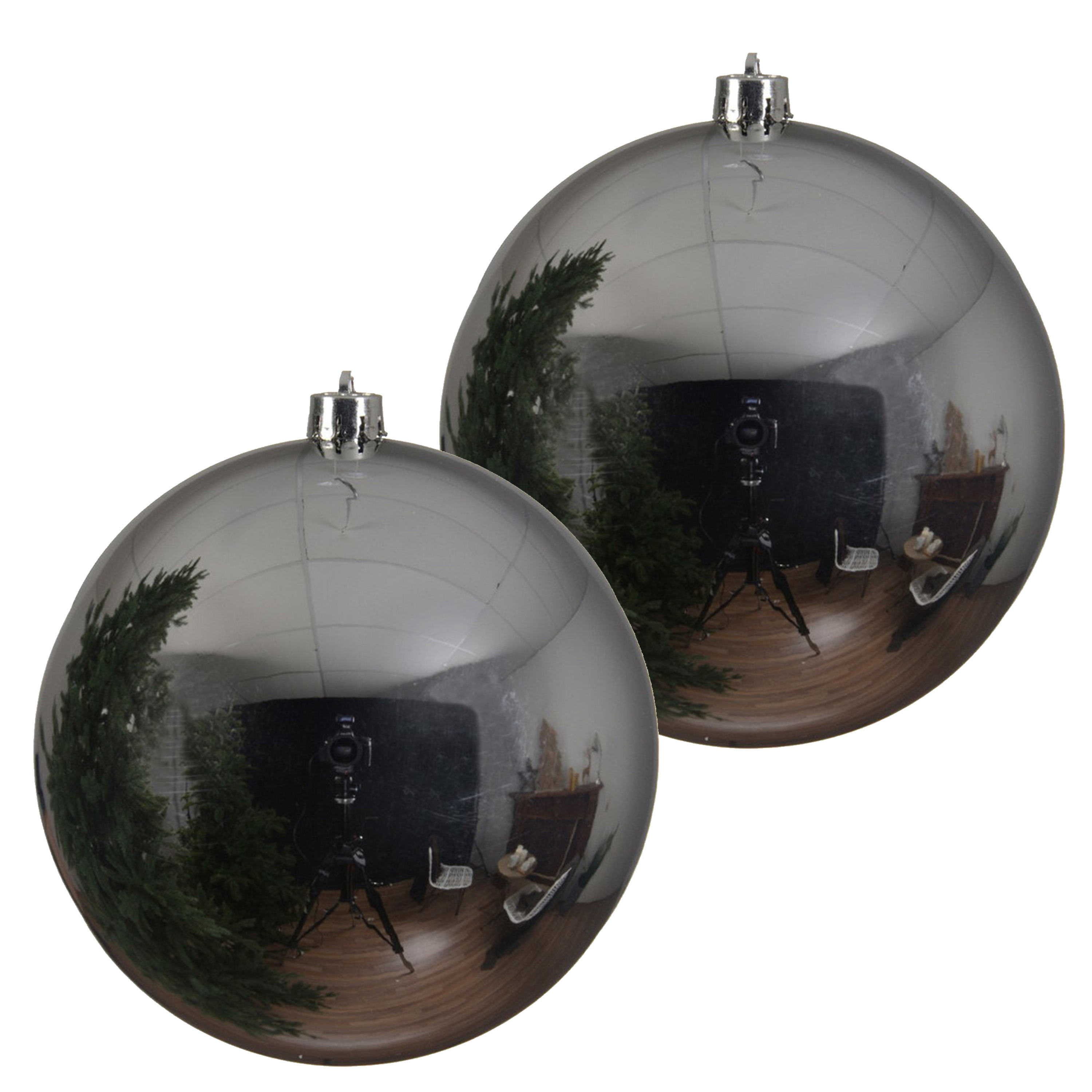 Decoris grote kerstbal - 2x - zilver - 20 cm - kunststof - grote kerstballen kerstversiering -