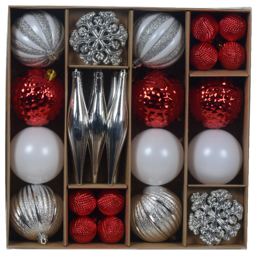 Kerstballen en ornamenten set - 46-delig - rood/wit/zilver - kunststof - kerstversiering -