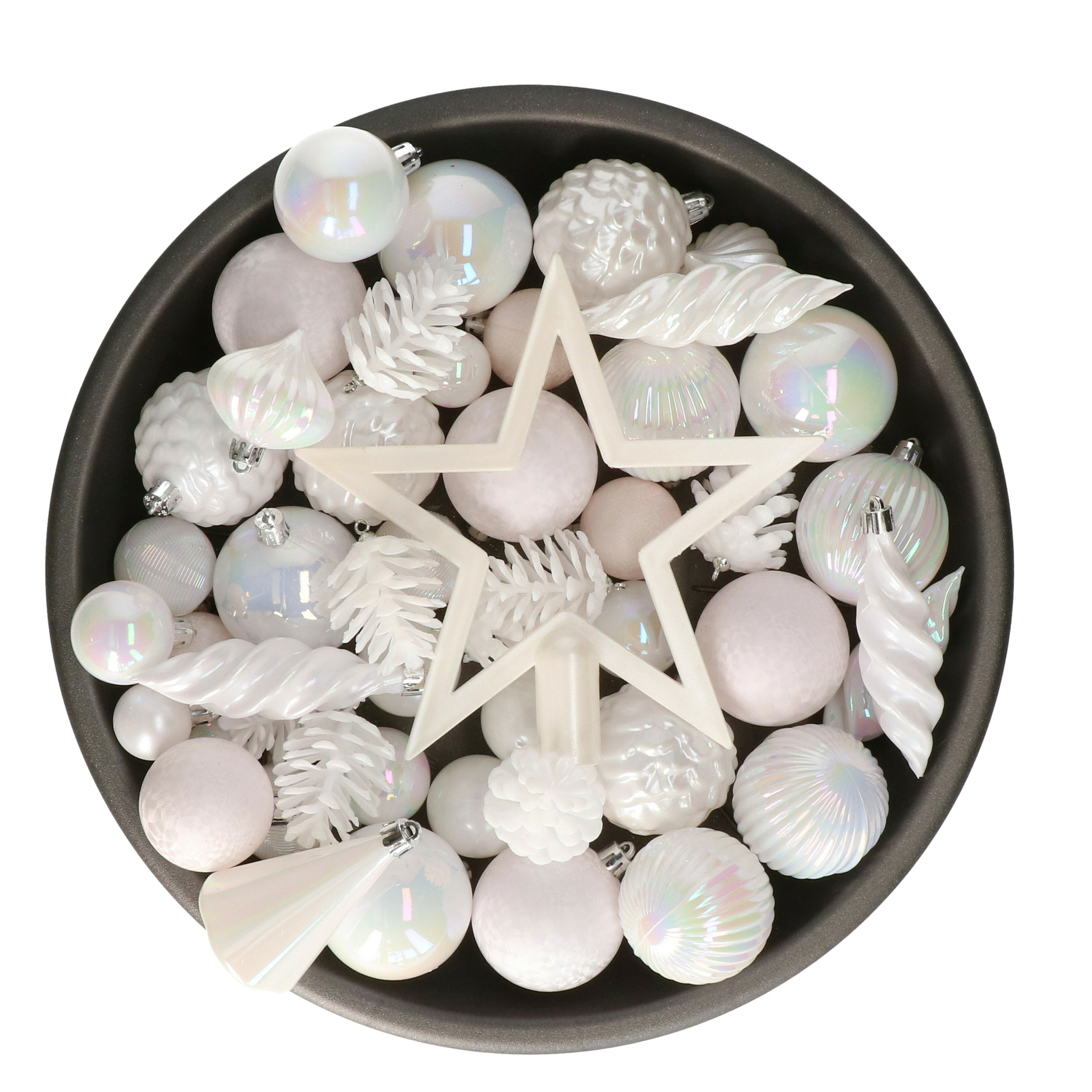 Decoris kerstballen, ornamenten en piek set - 60-delig - wit parelmoer - kunststof -
