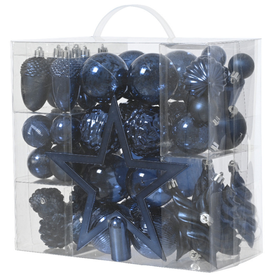 Decoris kerstballen, ornamenten en piek set - 60-delig - donkerblauw - kunststof -
