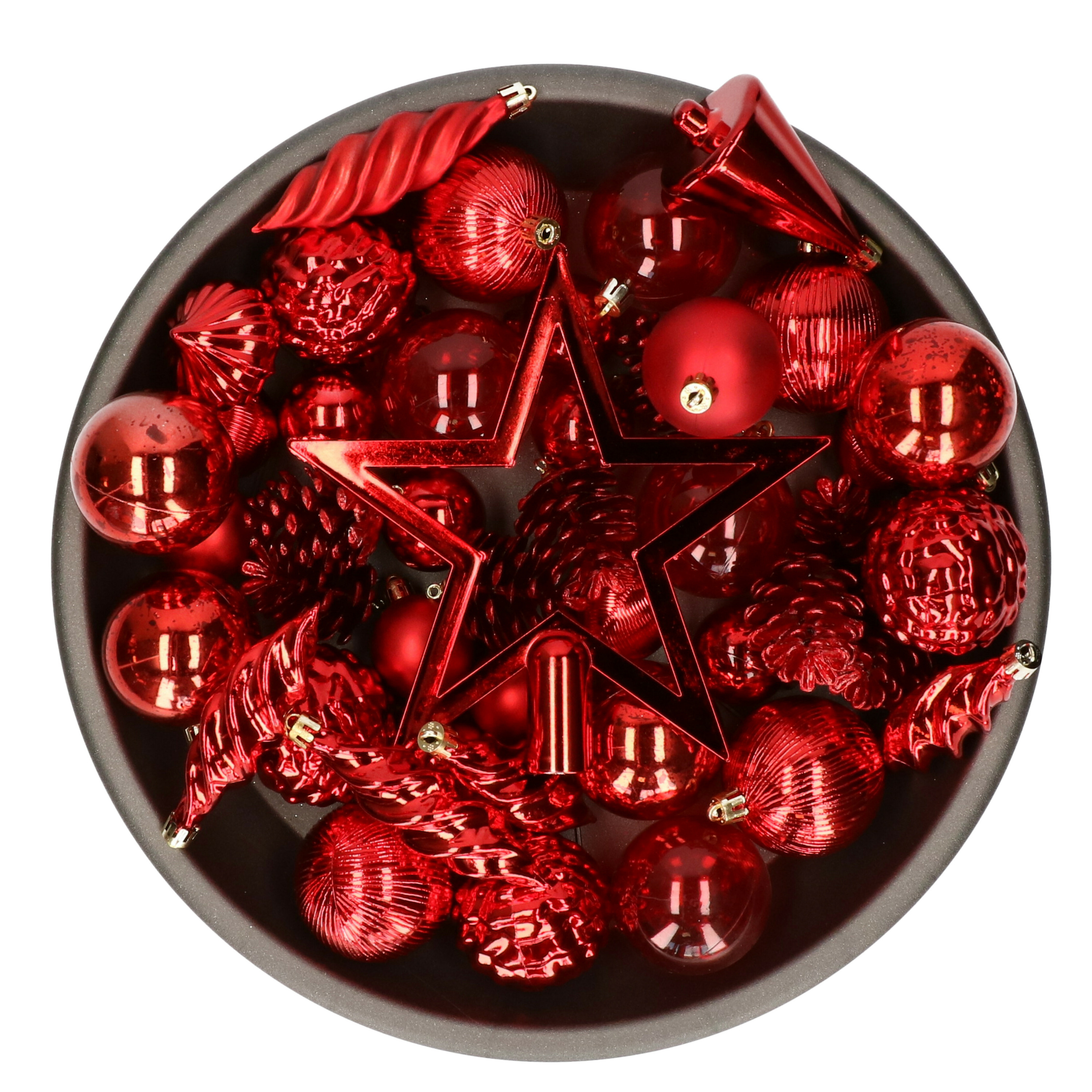 Decoris kerstballen, ornamenten en piek set - 60-delig - rood - kunststof -