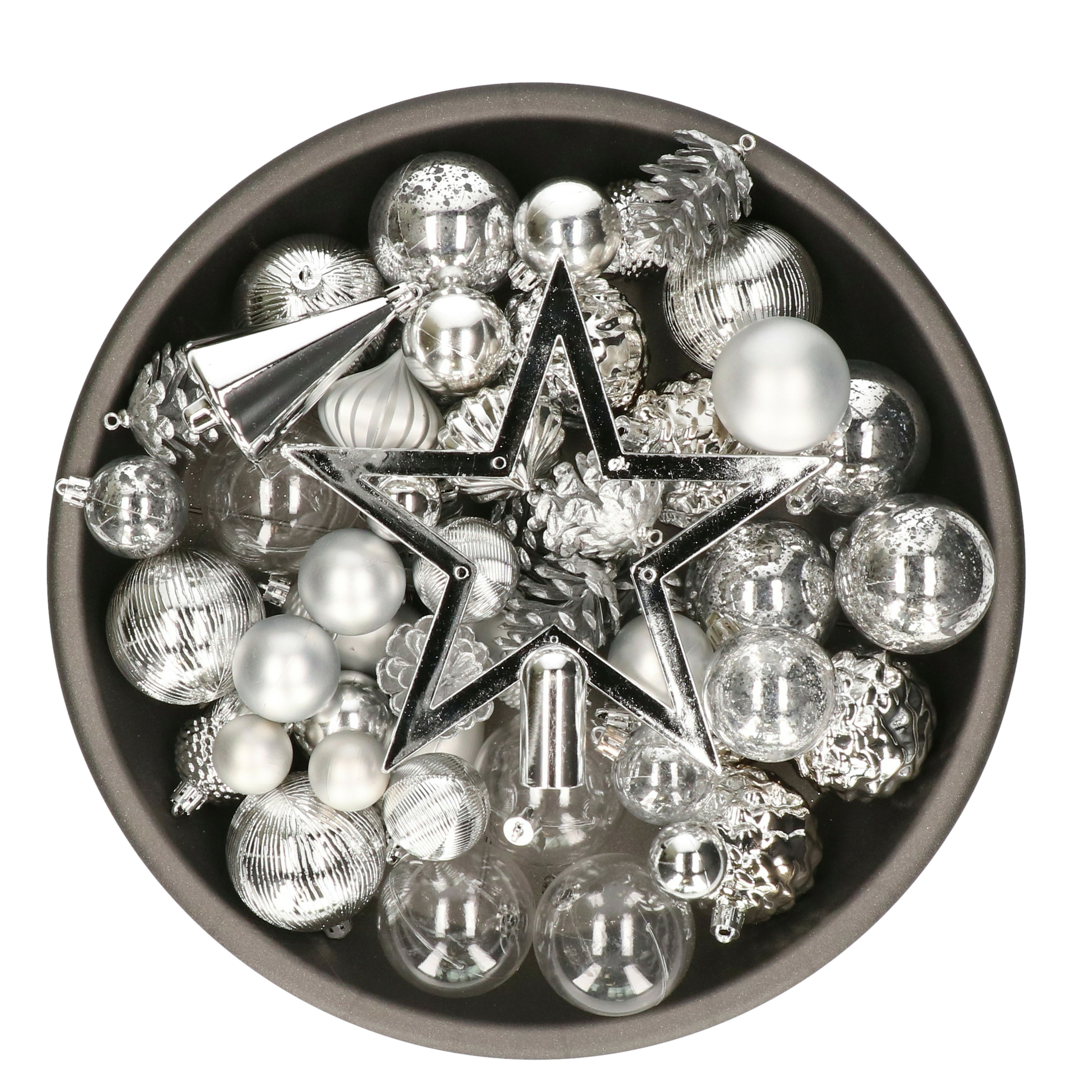 Decoris kerstballen, ornamenten en piek set - 60-delig - zilver - kunststof -