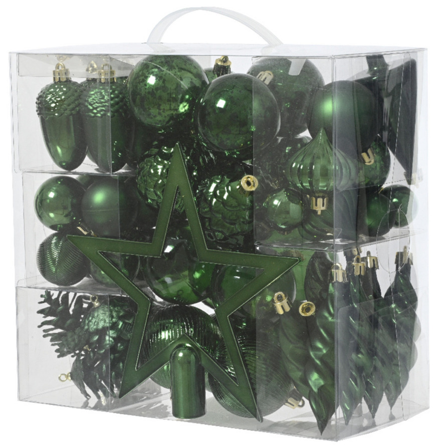 Decoris kerstballen, ornamenten en piek set - 60-delig - donkergroen - kunststof -