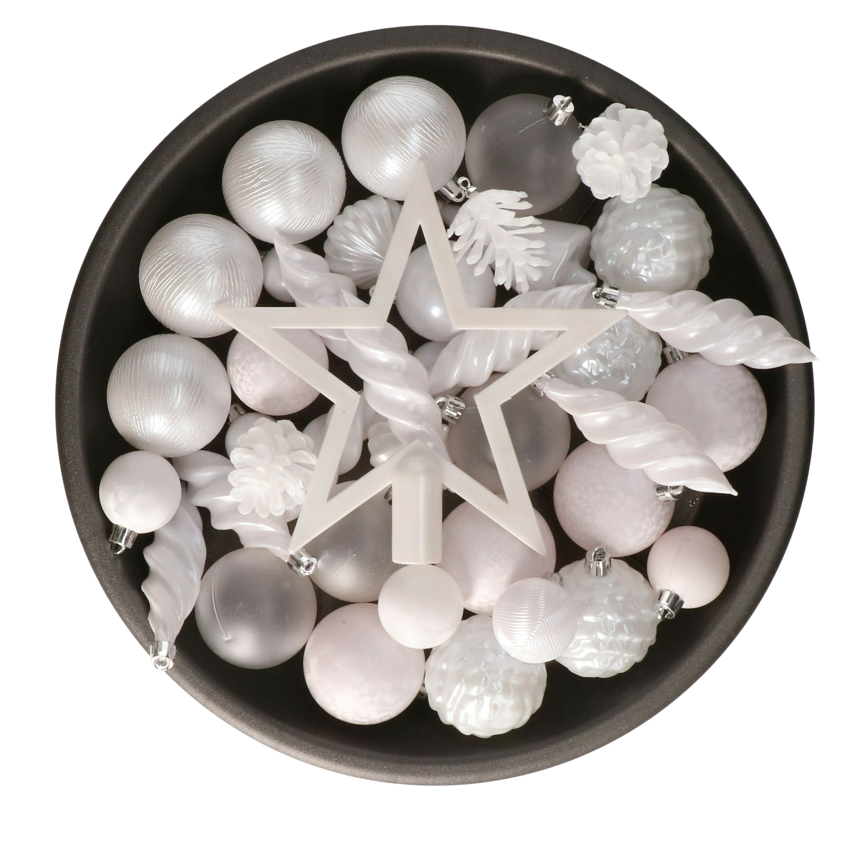 Decoris kerstballen, ornamenten en piek set - 60-delig - wit - kunststof -