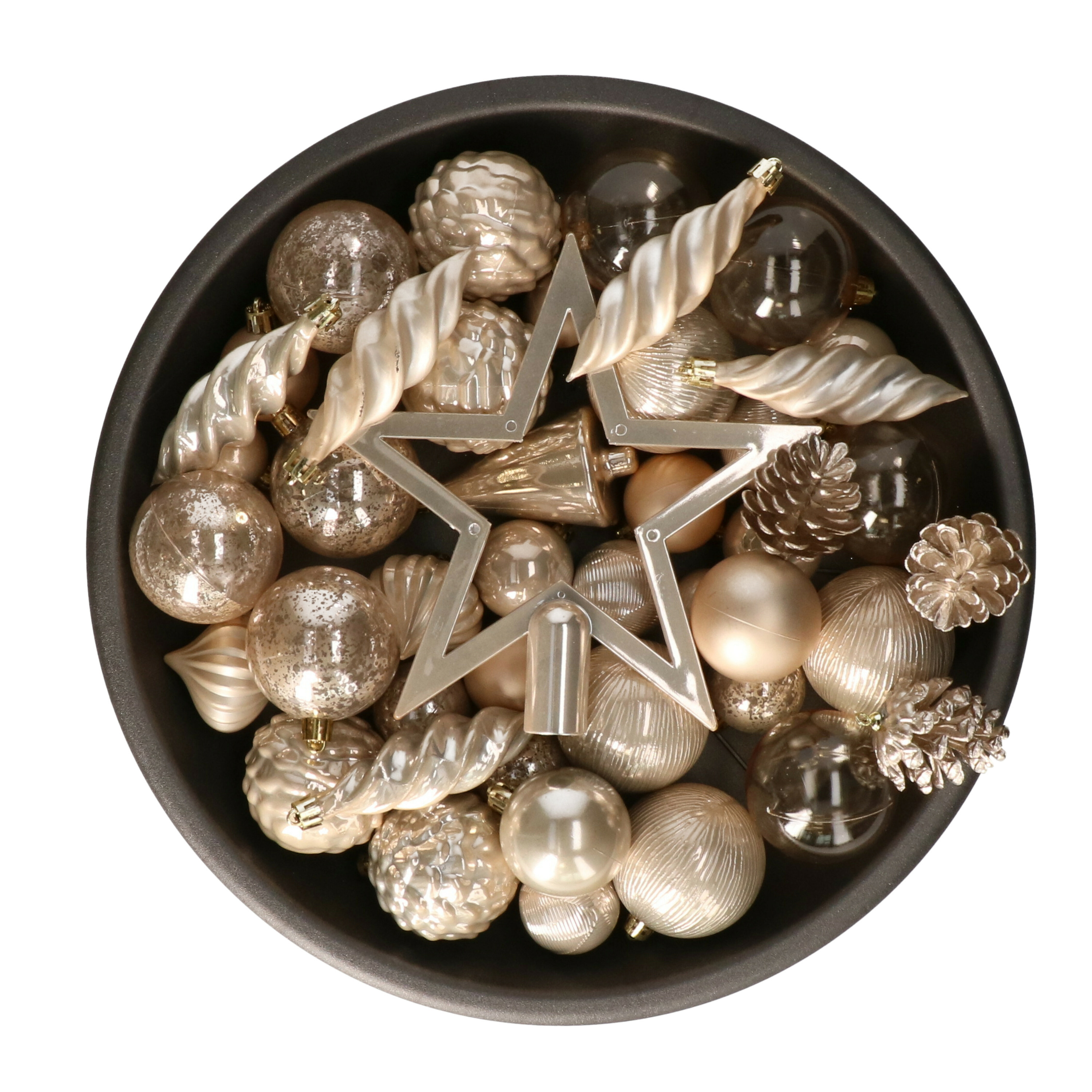 Decoris kerstballen, ornamenten en piek set - 60-delig - champagne - kunststof -
