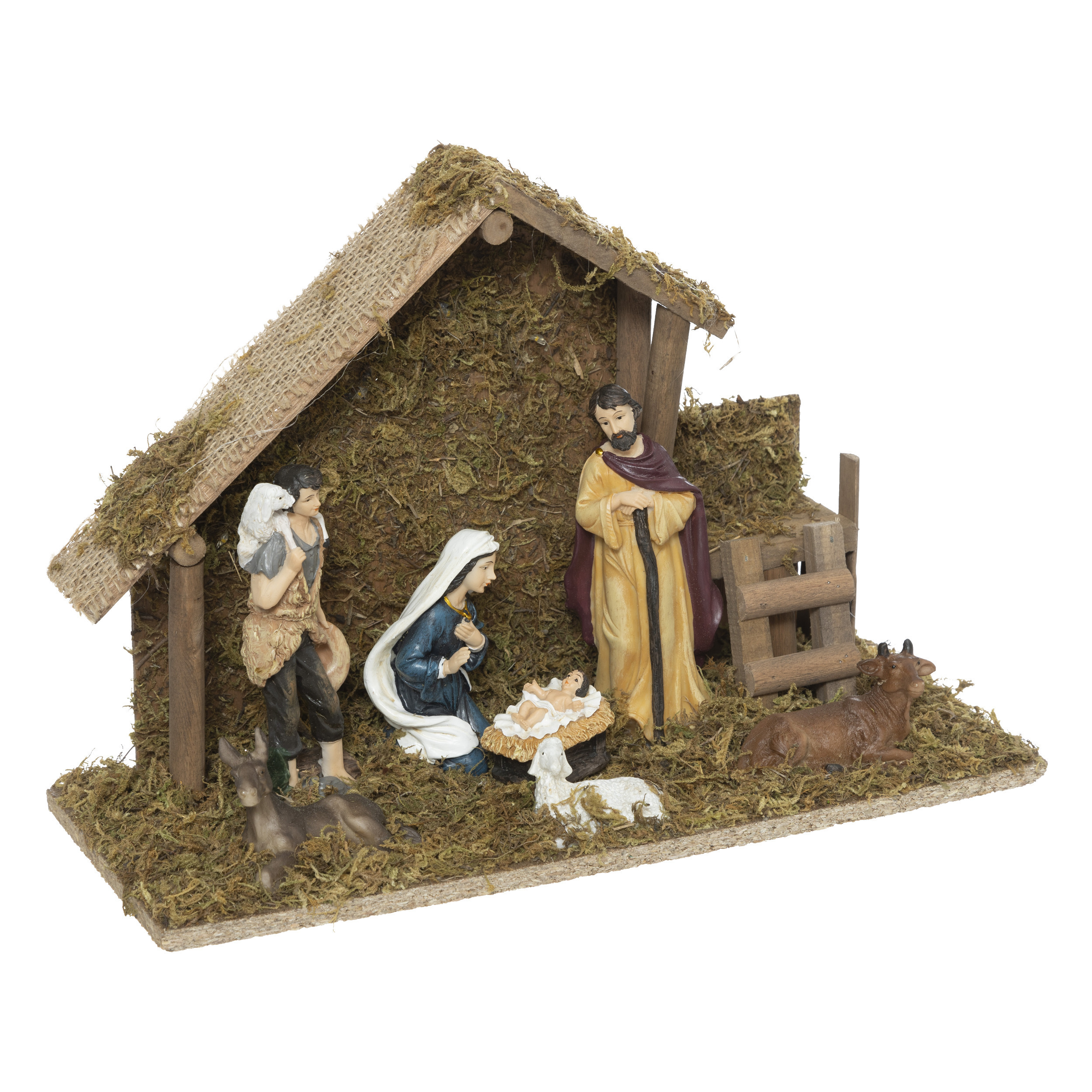 Complete kerststal - L20 x B12 x H30 cm - met 7x kerst beelden - polyresin -