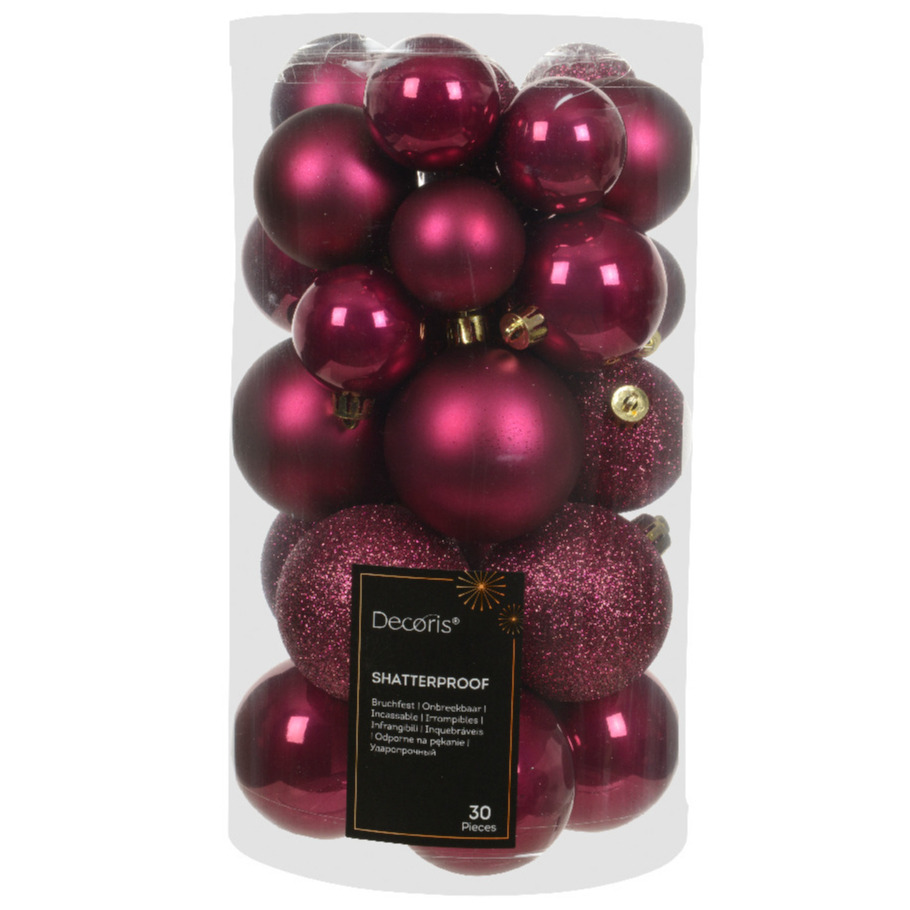 Decoris kerstballen - 30x stuks - 4, 5 en 6 cm - donkerroze - kunststof -