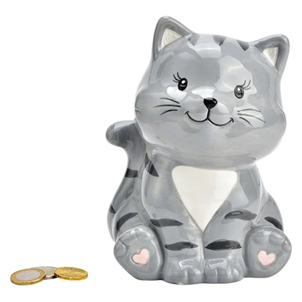 Spaarpot voor kind/volwassenen - Dieren thema kat/poes - keramiek - grijs - 16 x 12 x 10 cm -