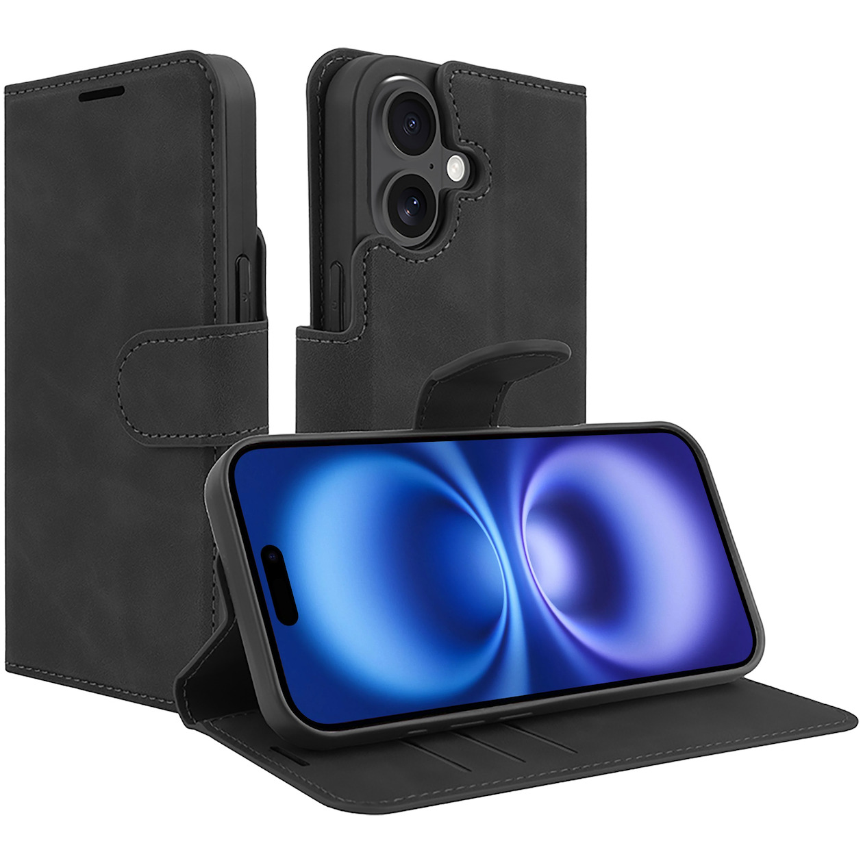 Just in Case Premium Wallet Case voor Apple iPhone 16 Telefoonhoesje Zwart