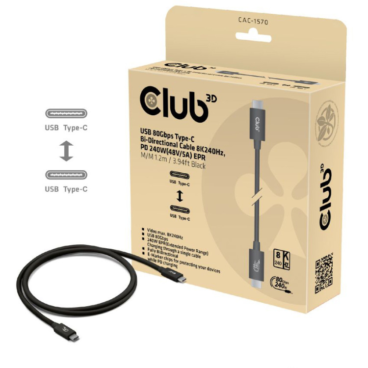 Club 3D USB-C 80Gbps Certified 240W 8k 240Hz kabel 1.2m