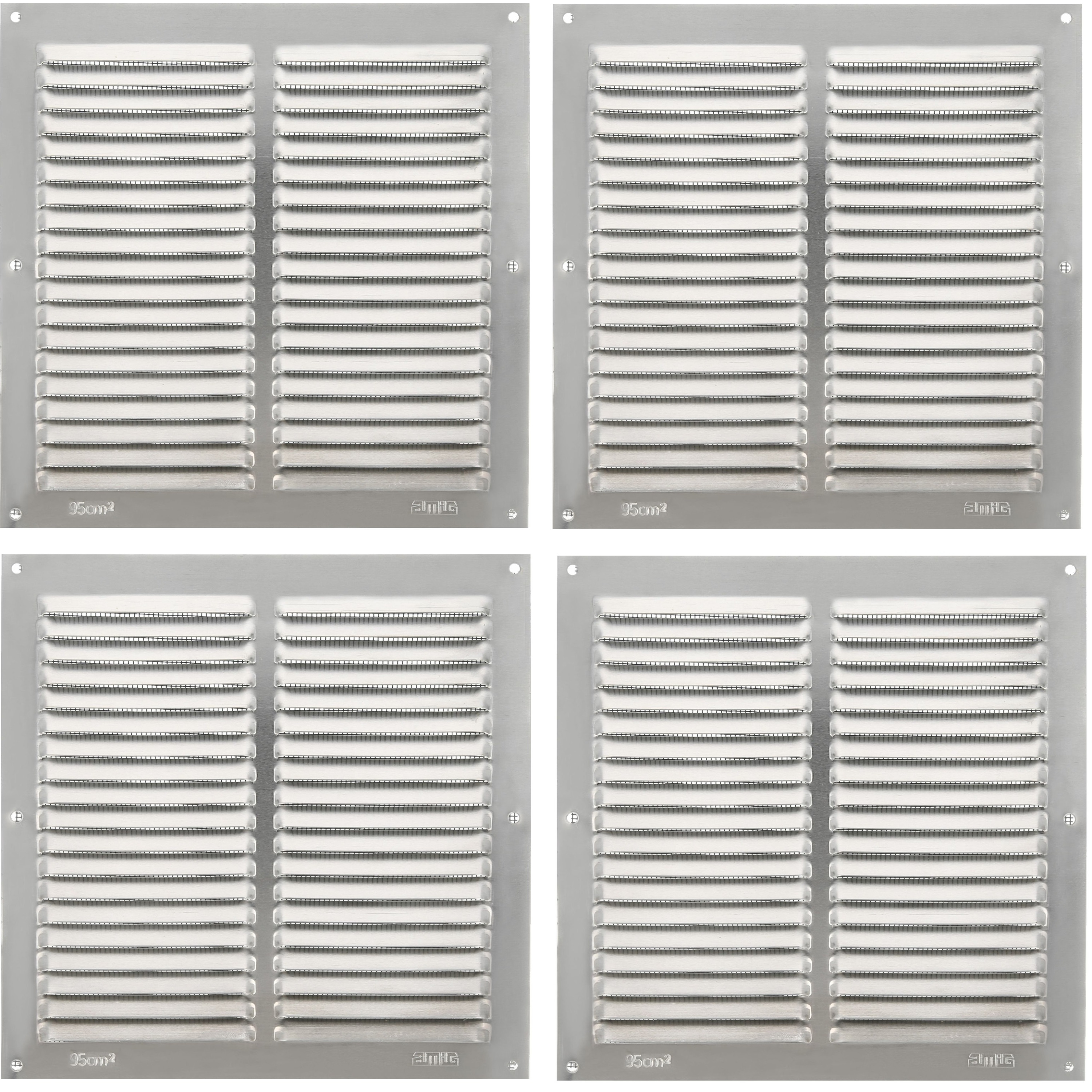 AMIG Ventilatie/muurrooster met gaas - 4x - 200 x 200mm - aluminium - zilver - schoepenrooster -