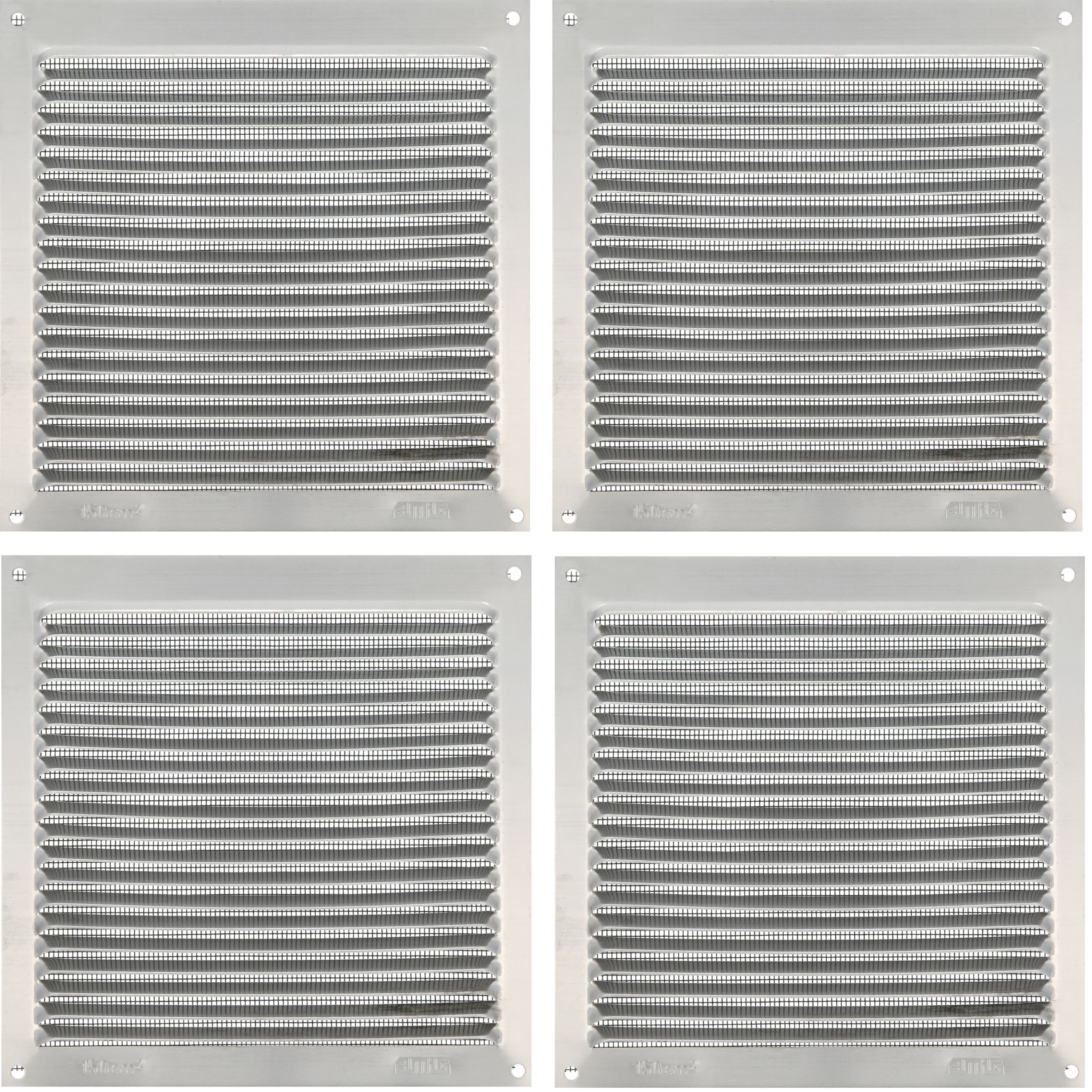 AMIG Ventilatie/muurrooster met gaas - 4x - 170 x 170mm - aluminium - zilver - schoepenrooster -